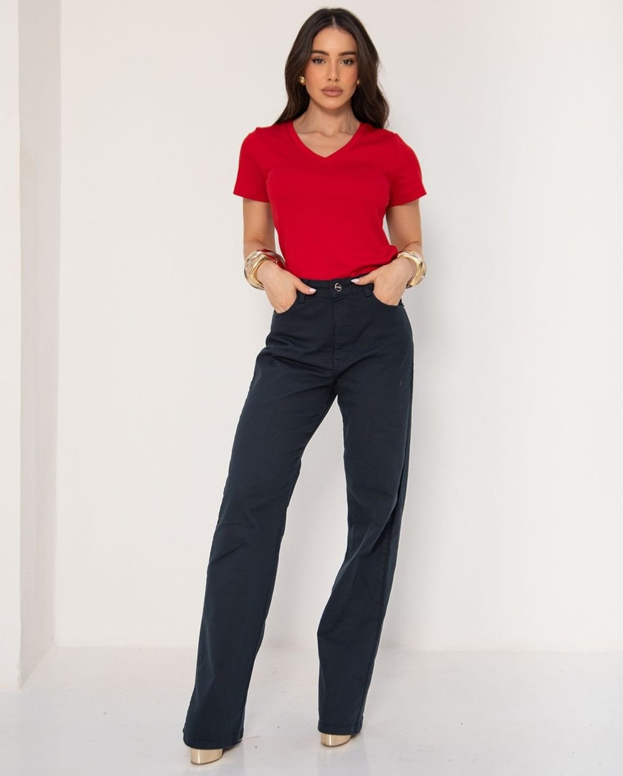 Calça Jeans Wide Leg Feminina Cintura Alta Básica com Elastano 28000 Azul Marinho Consciência