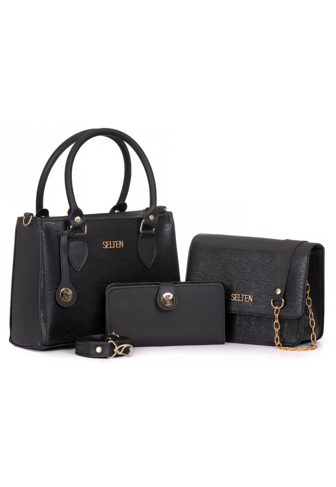 Kit Bolsa Feminina De Mão + Bolsa Pequena Alça Correta e Carteira Selten