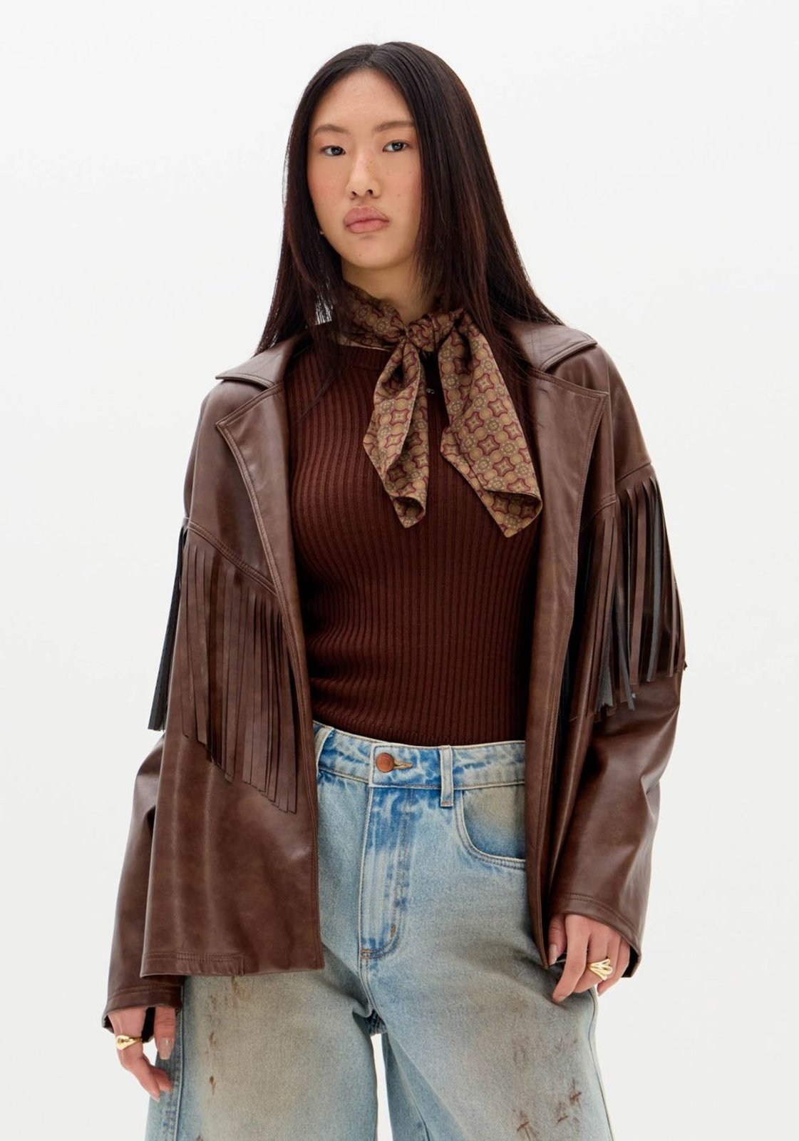 Vista 3 Casaco Oversized Manga Longa com Franjas My Favorite Things marrom My Favorite Things marrom