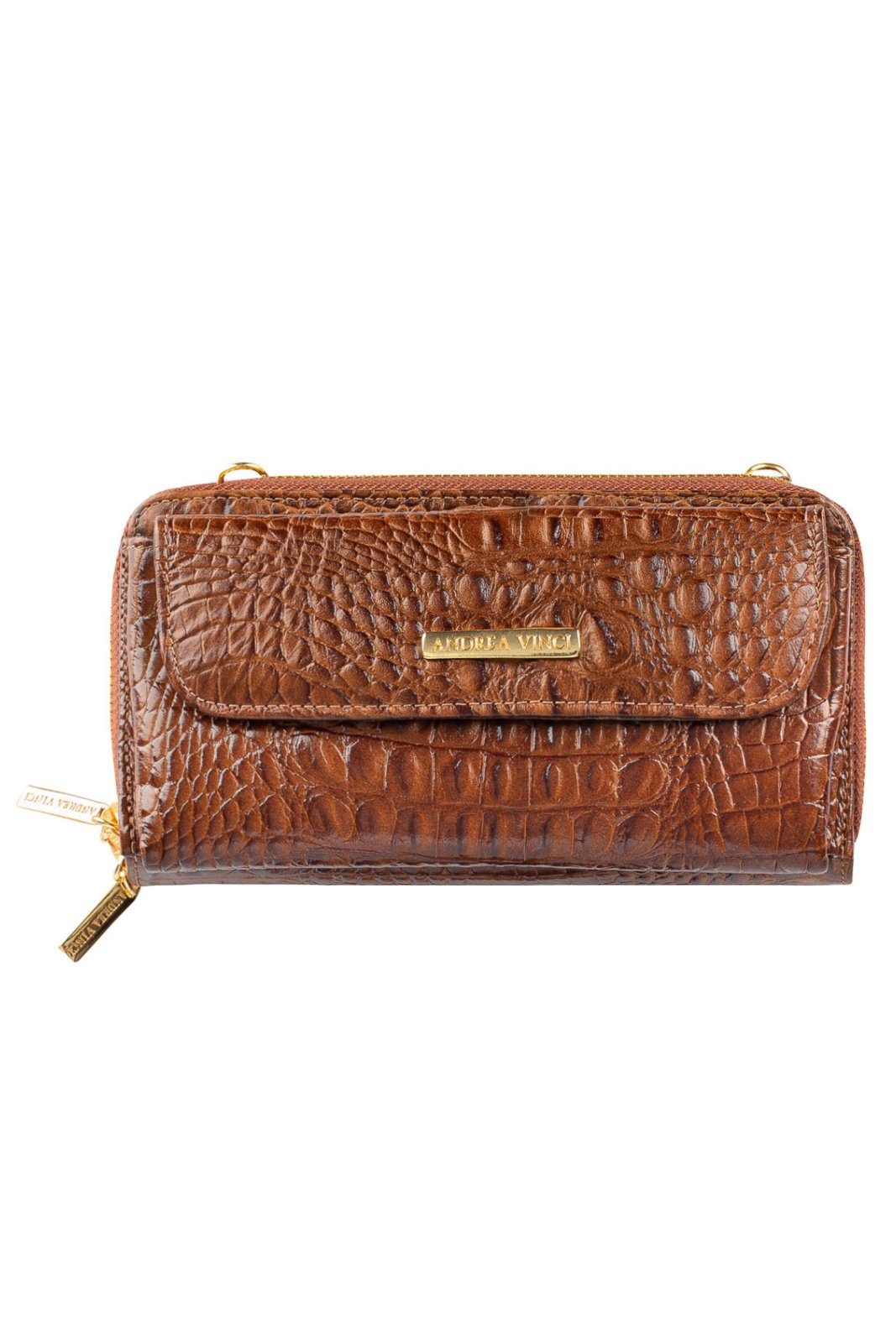 Carteira feminina de couro croco com alça Tania 10,5x19cm - Whisky