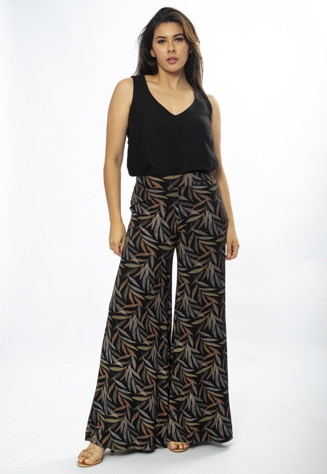 Calça Pantalona Granja Malha Estampa Folhagem