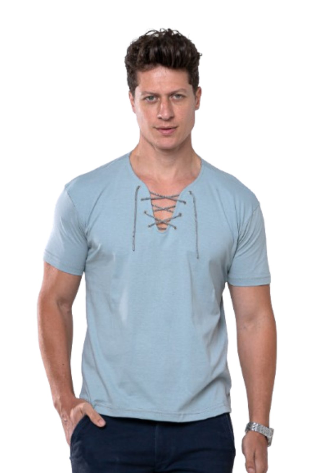 Camiseta Camisa Masculina Manga Curta Garais Moda 100% Algodão Gola V Com Cordão e Ilhós Moderna Cinza