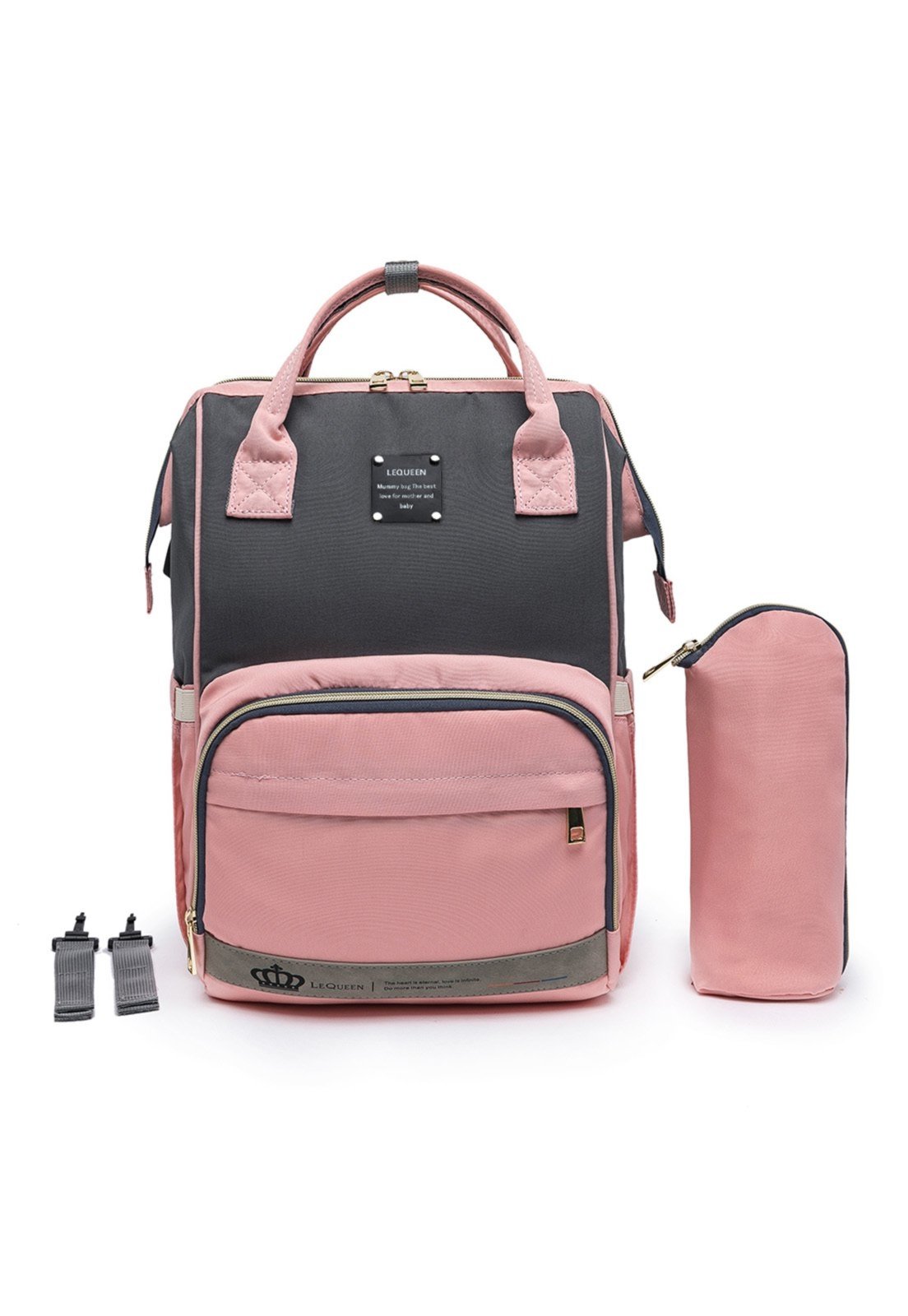 Infantil - Mochila Bolsa Maternidade Lequeen Menina Menino Com Porta Mamadeira Térmico Rosa/Cinza