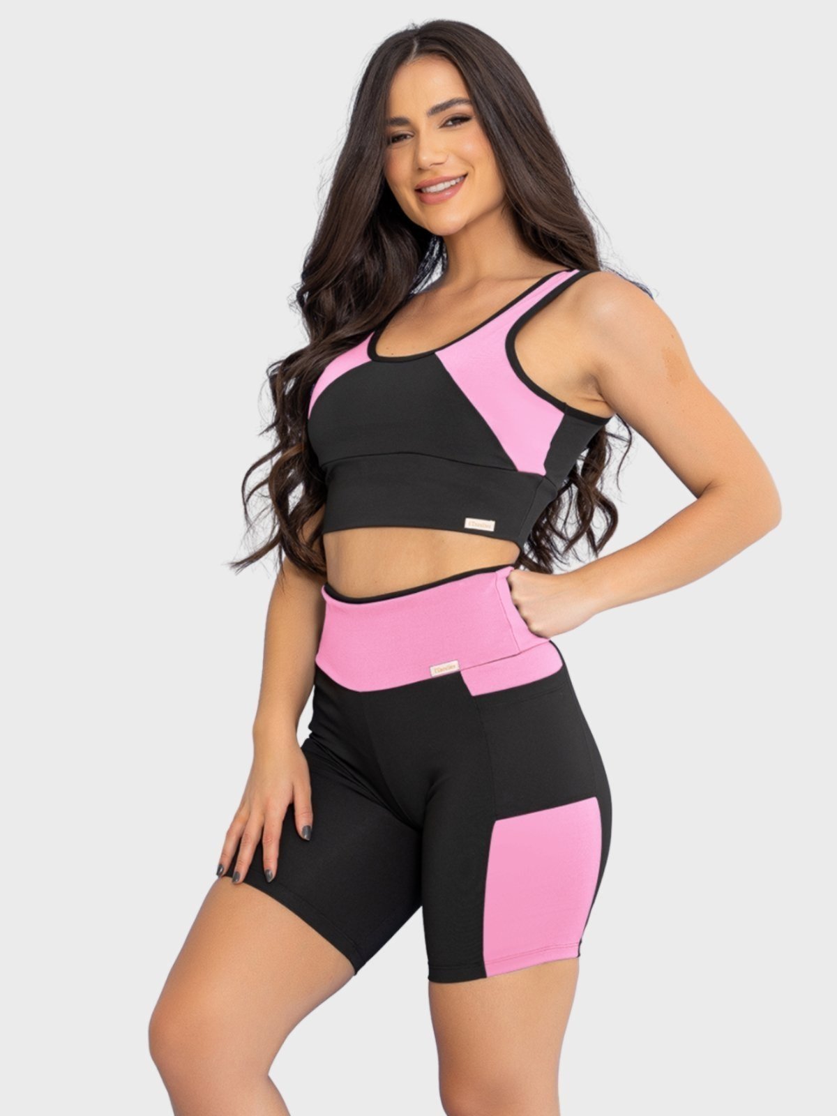Conjunto Fitness Tarelles Top Short Bolso Preto e Rosa Claro