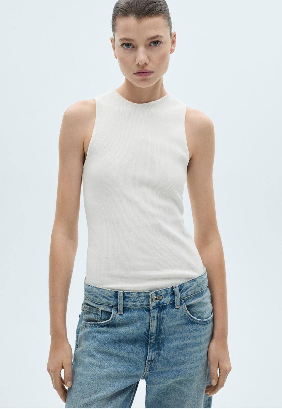 Regata Canelada Mango Ajustada Lisa Off-White