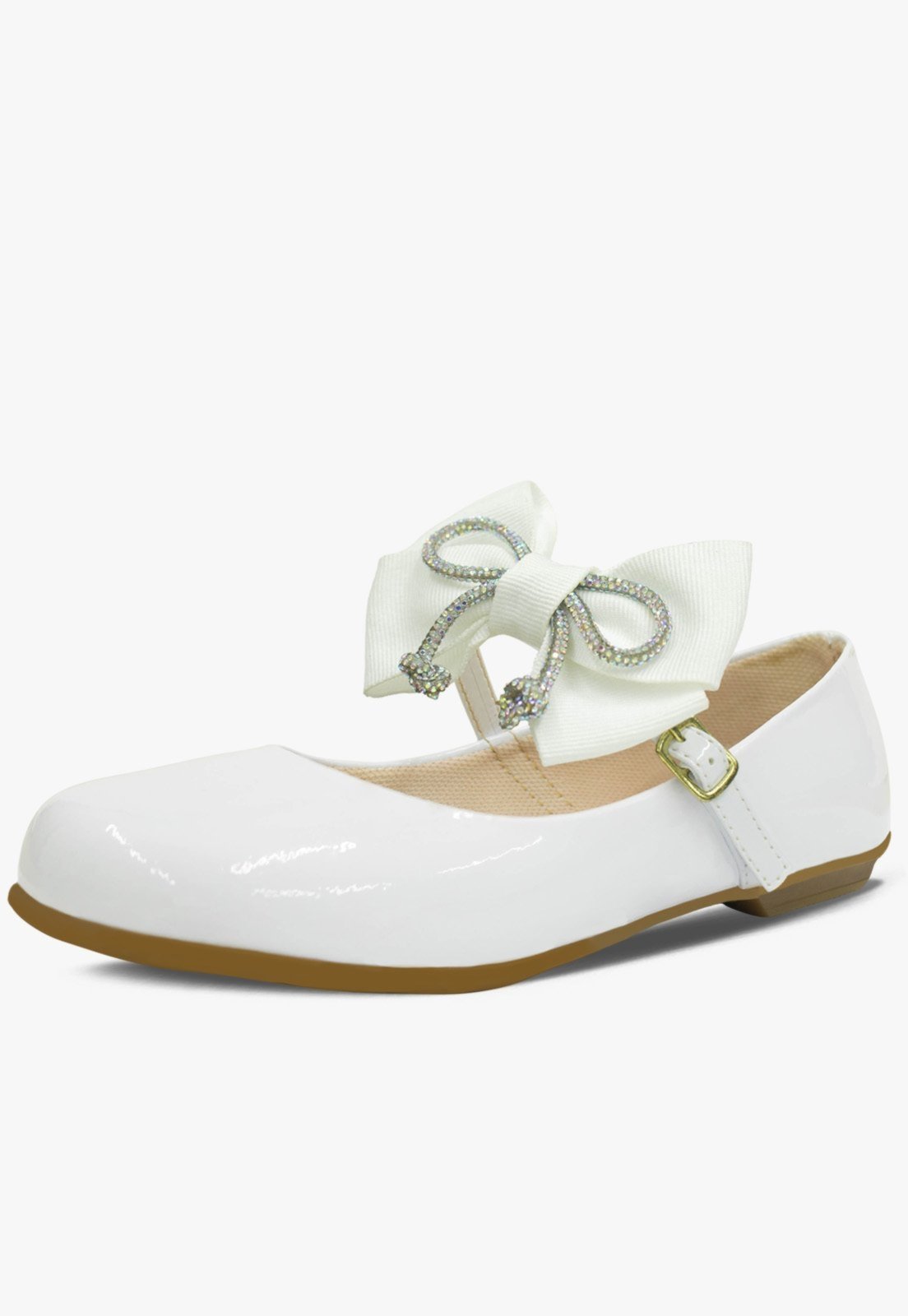 Infantil – Sapatilha com Presilha Pópidi Menina Laço Gorgurao Brilho Branco