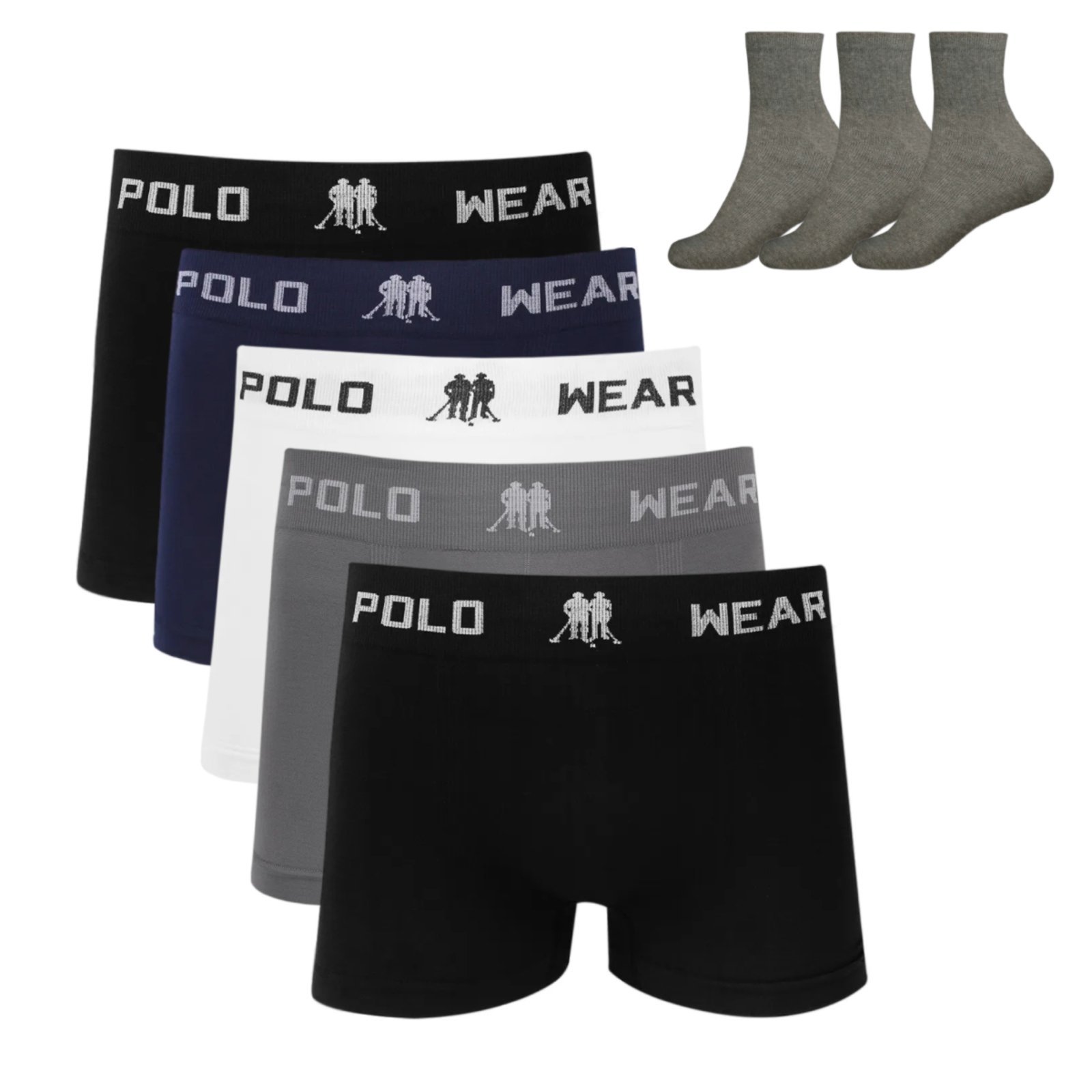Kit 5 Cueca Boxer Polo Wear Microfibra Sortido + 3 Meias M12 Colorido