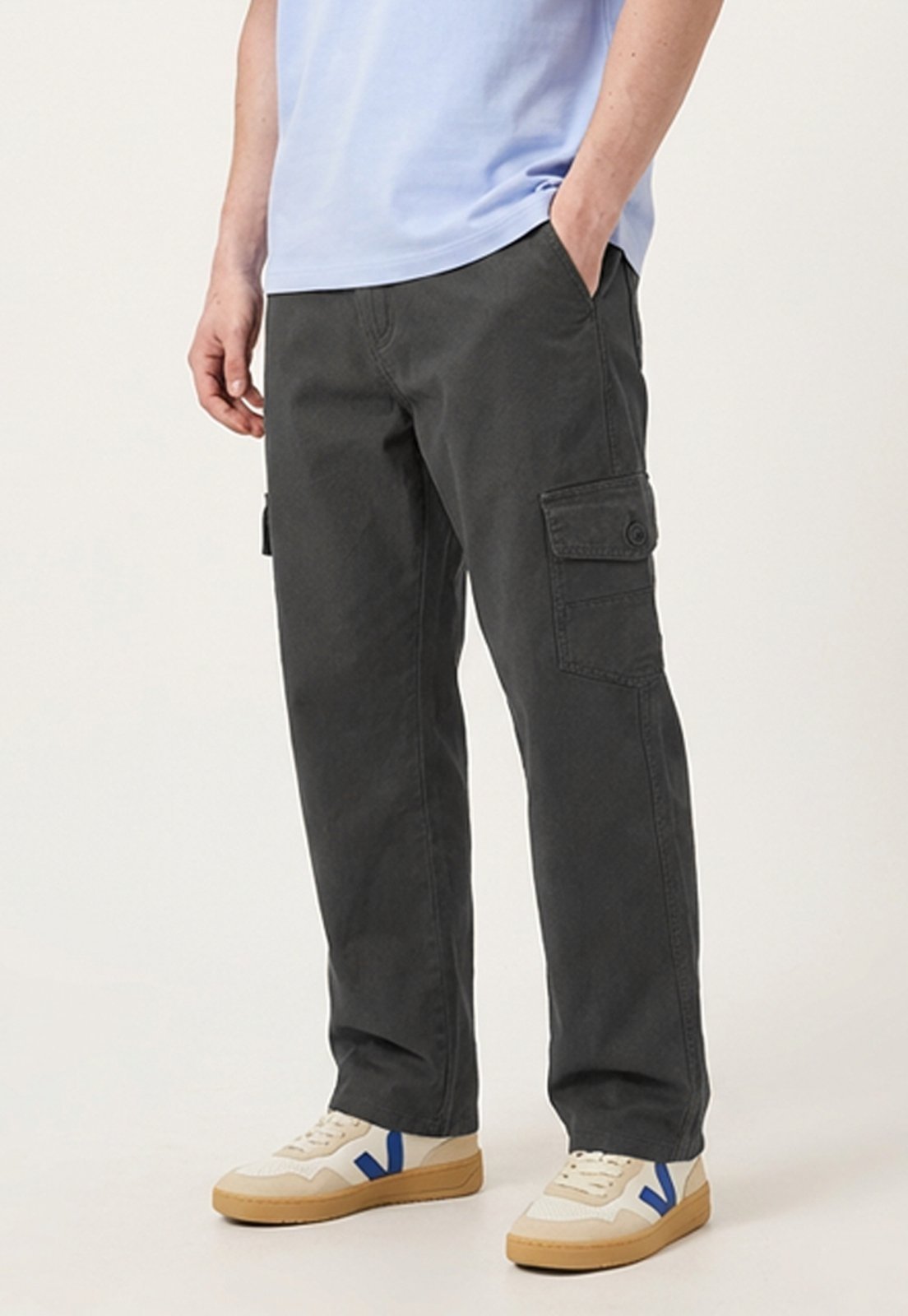 Calça Cargo Masculina Sarja 100% Algodão 6 Bolsos Casual Chumbo