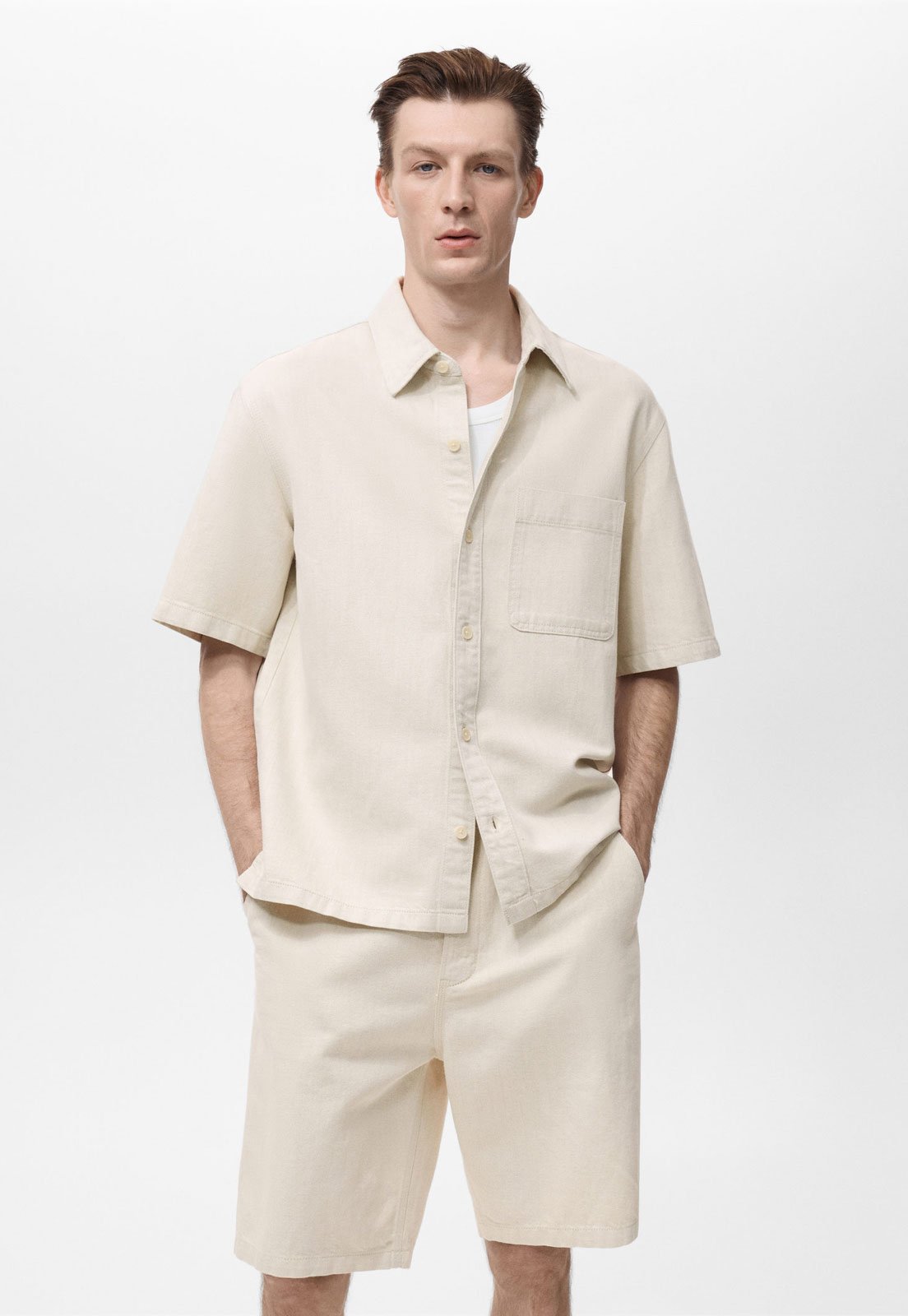 Vista 2 Camisa Masculina Mango Guido Manga Curta Algodão Linho Off-White off-white white Mango off-white white