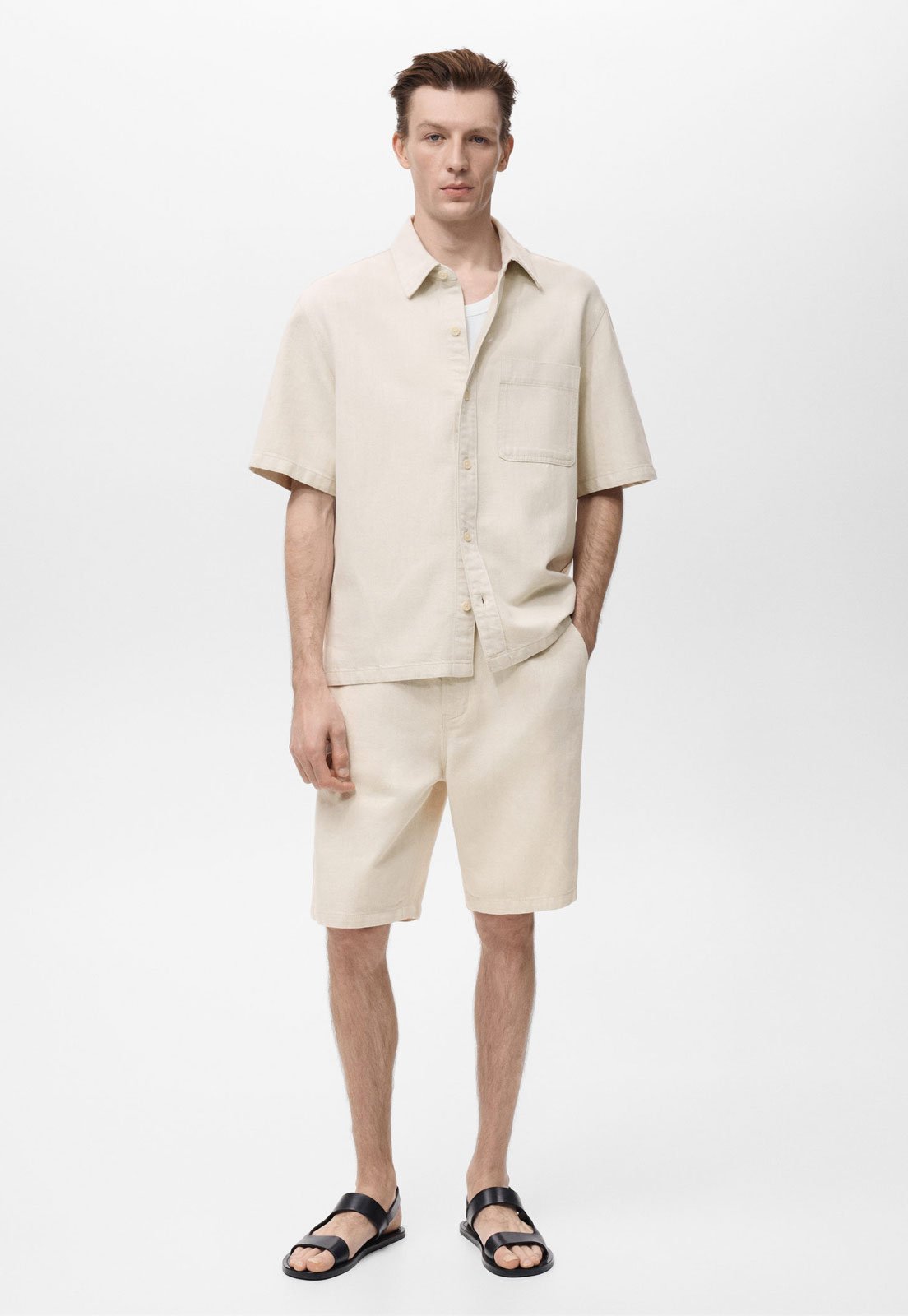 Vista 3 Camisa Masculina Mango Guido Manga Curta Algodão Linho Off-White off-white white Mango off-white white