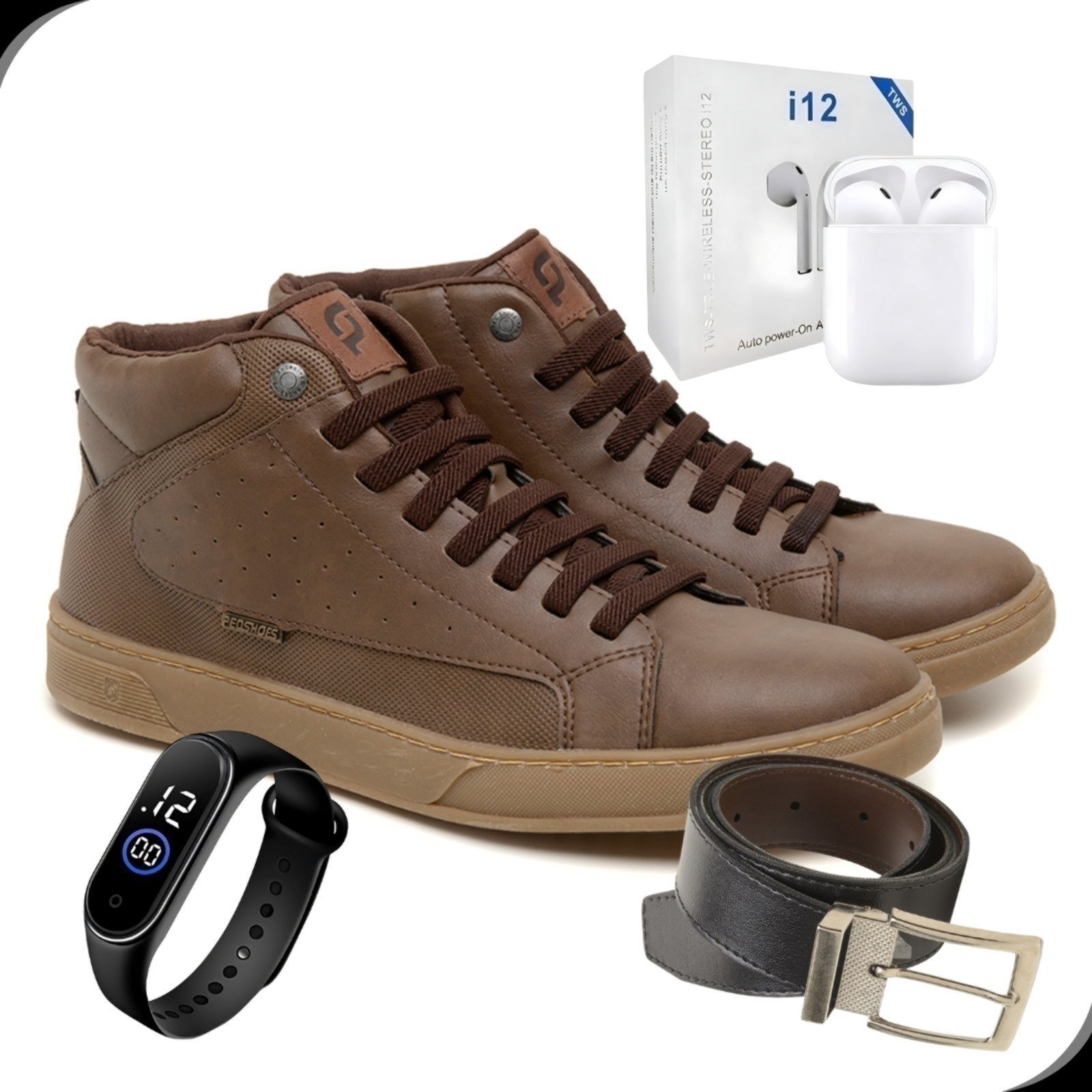 Sapatenis Casual Masculino Cano Alto Sem Cadarço Estilo Urbano Leve Antiderrapante Com Cinto Fone e Relógio