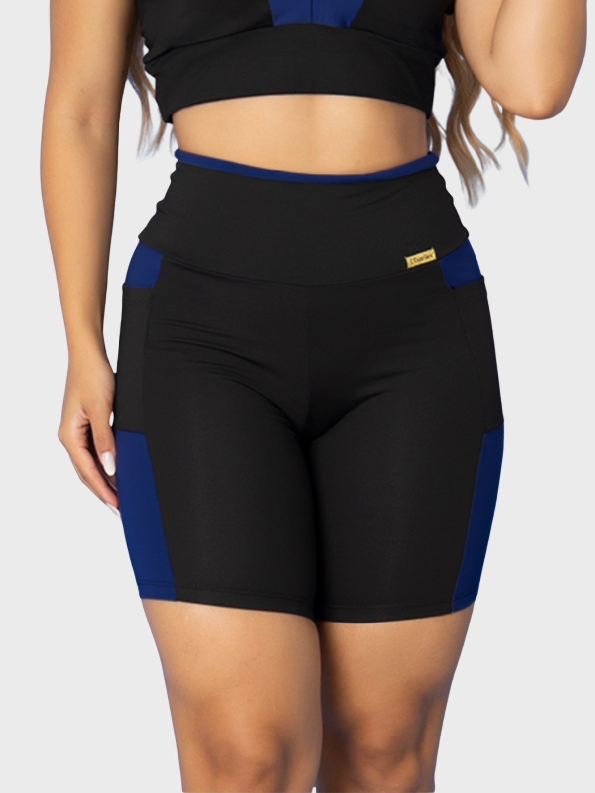 Short Fitness Tarelles Cintura Alta Bolso Preto e Azul Marinho