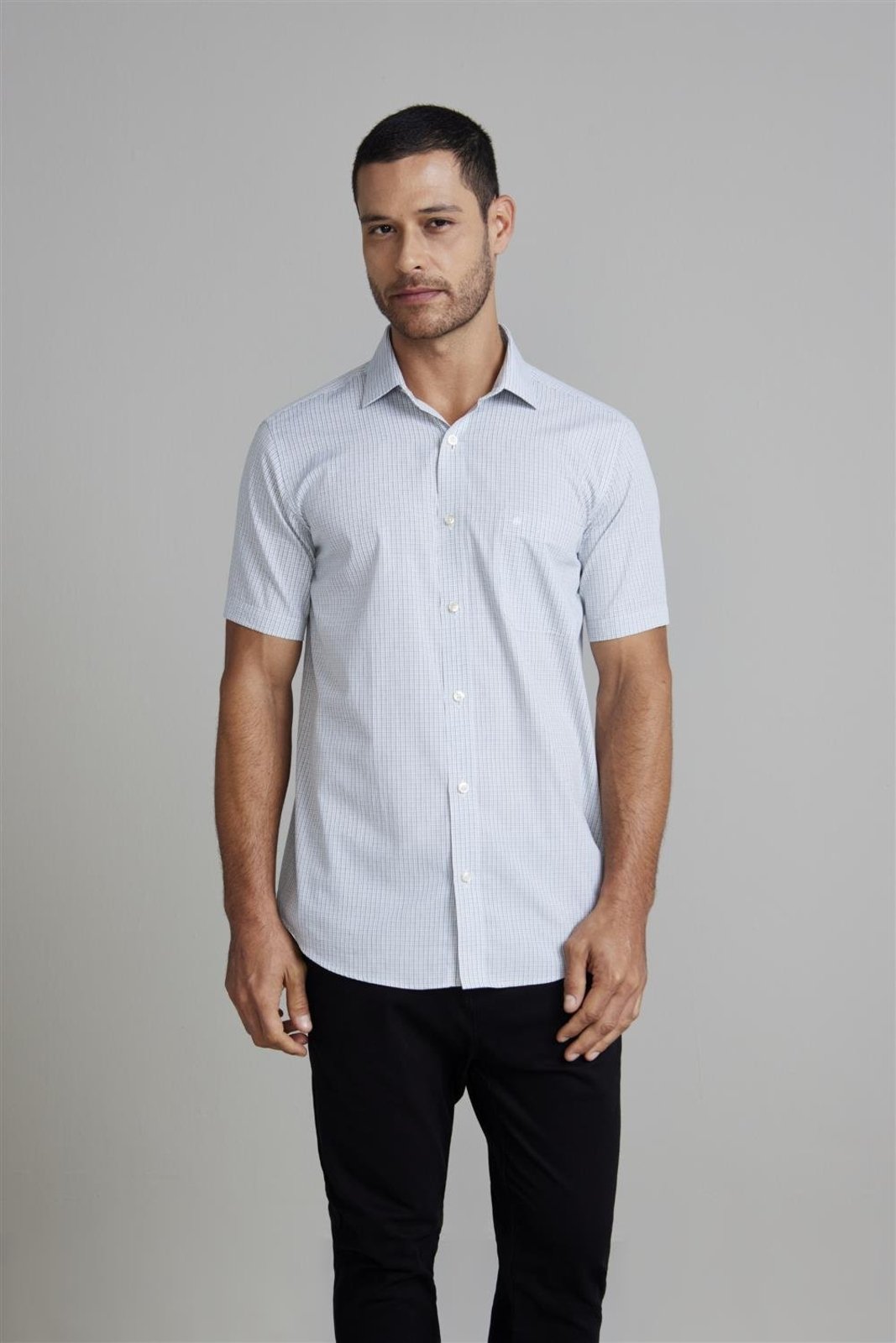HIGHSTIL Camisa Manga Curta com Bolso Comfort Listrada - Branco/Verde Escuro