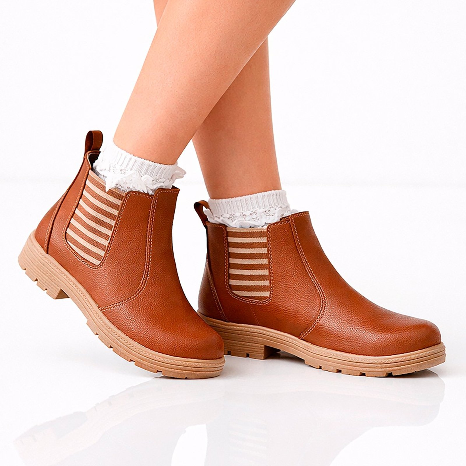 Infantil - Kit Bota Menina e Meia Cano Curto de Renda Marrom Listras Pepite