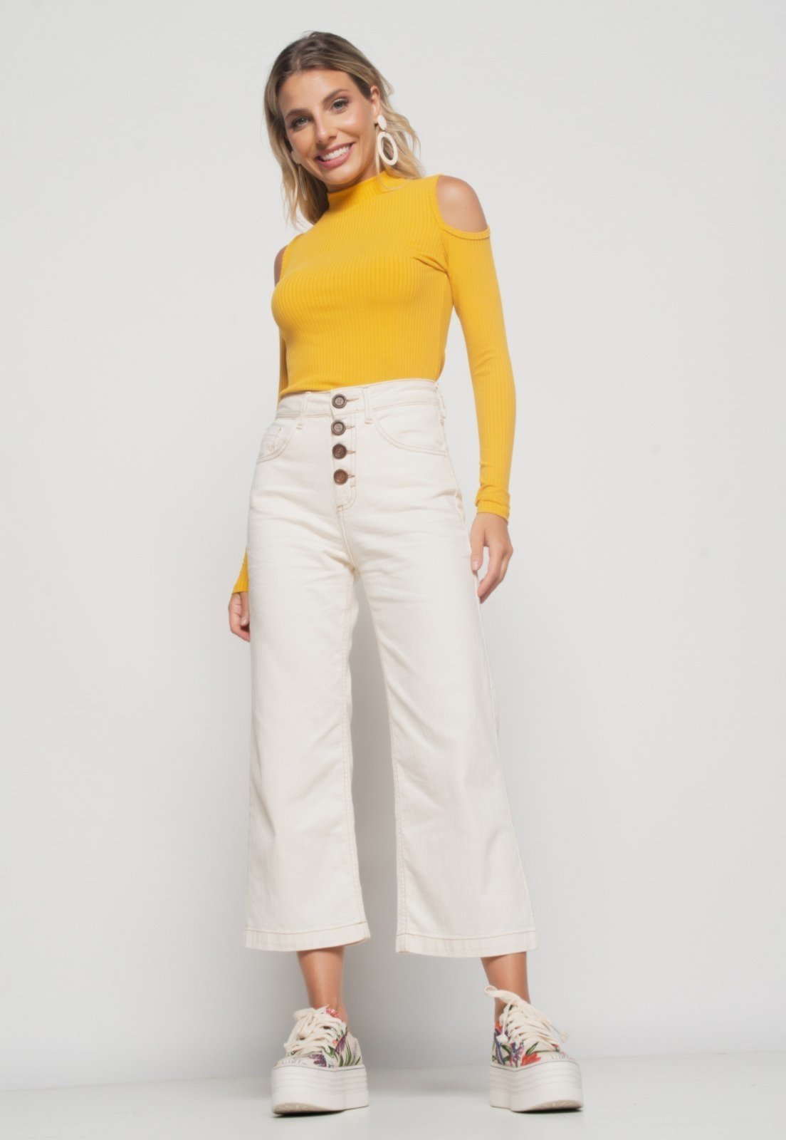 Vista 3 Blusa Salvatore Ombro Vazado Manga Longa Canelada Mostarda amarelo amarelo