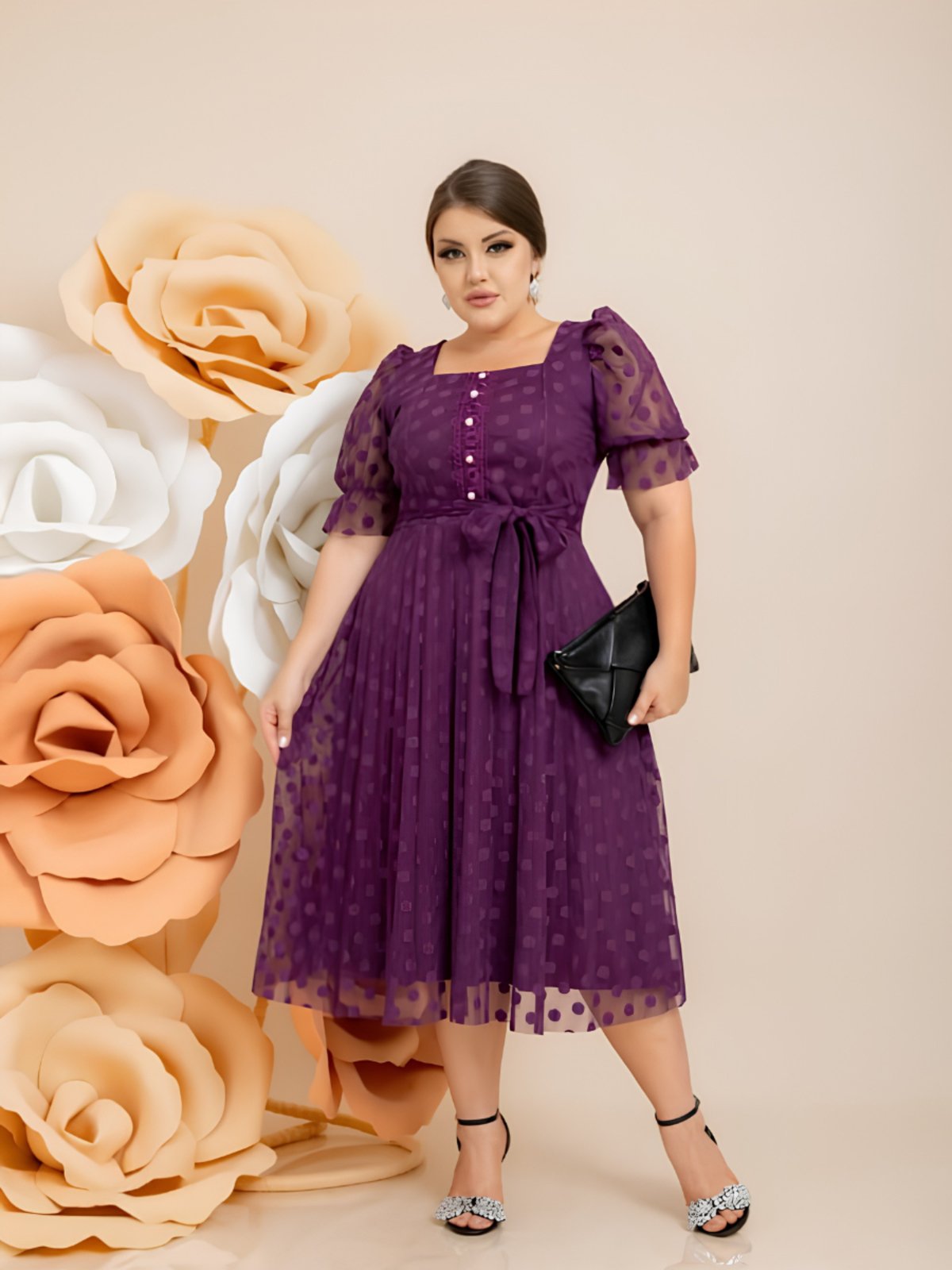 Vestido Midi de Festa Tule Poa Manga Princesa Bufante Modesto Casamento Civil Madrinha Roxo