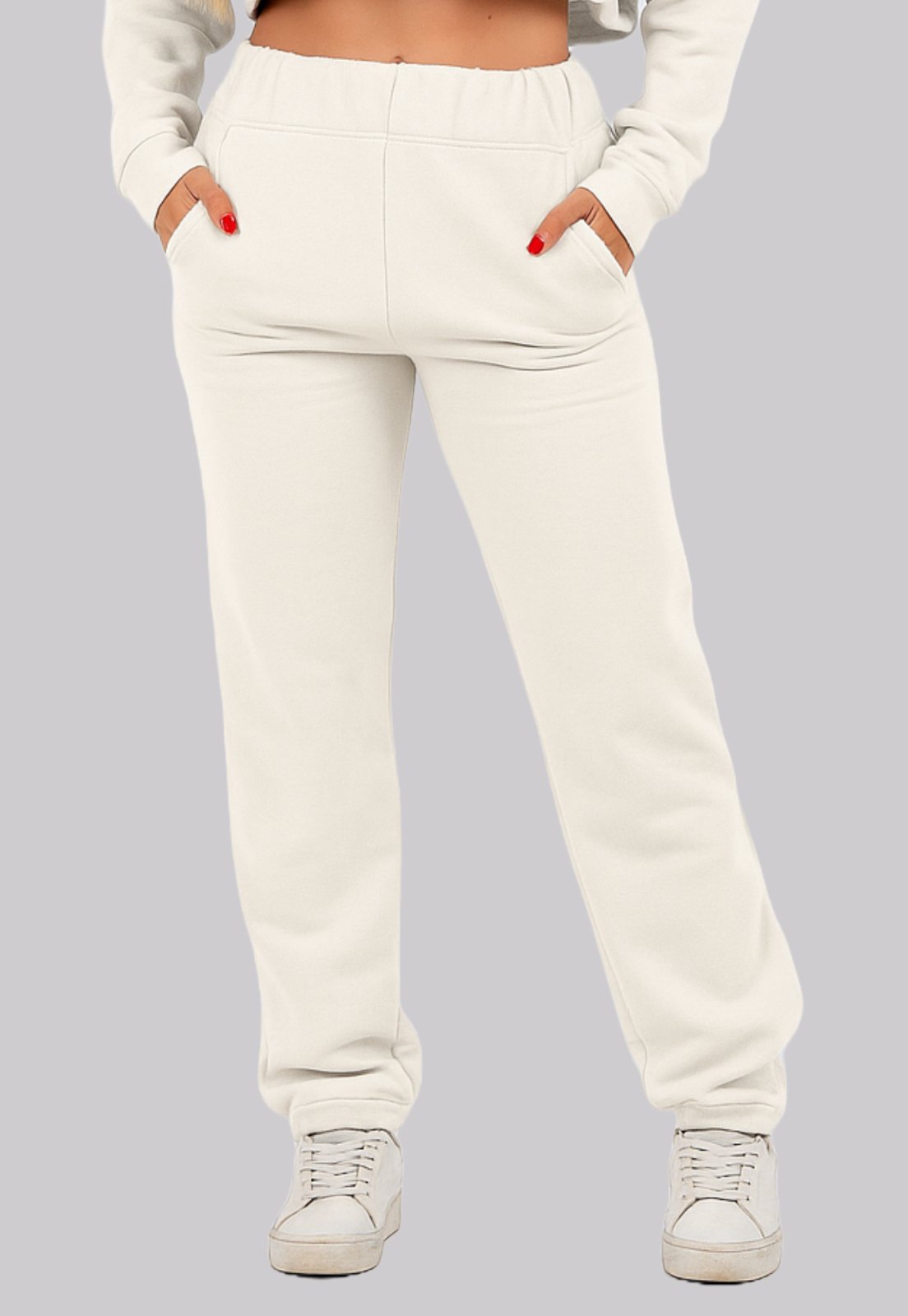 Calça Pantalona Moletom 4 Estações Feminina Cós Alto Inverno Casual Branco