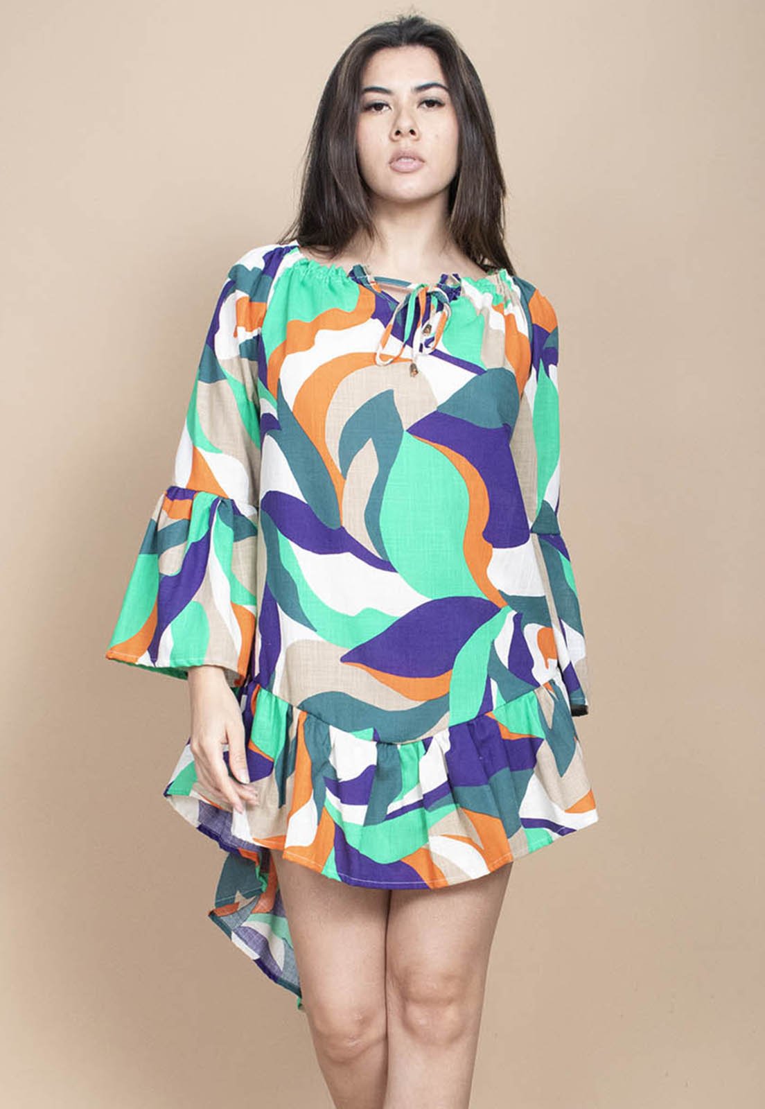 Vestido Curto Cabanafree Viscose Com Babados Estampa Brisa do Mar