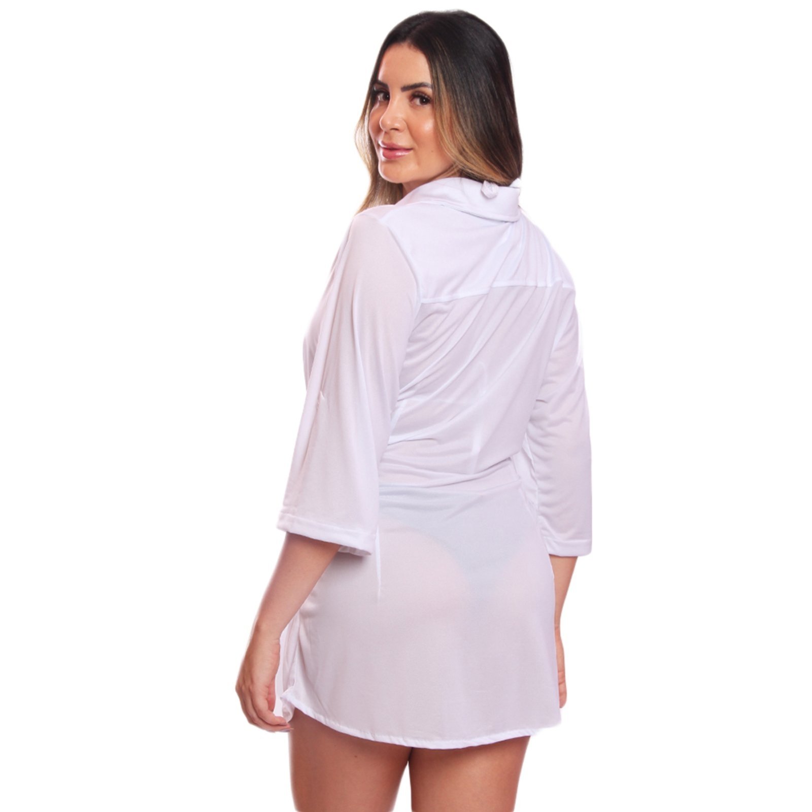 Vista 3 Saída Praia Piscina Chemise Camisão Feminino Cinto Botão FMF branco FMF branco