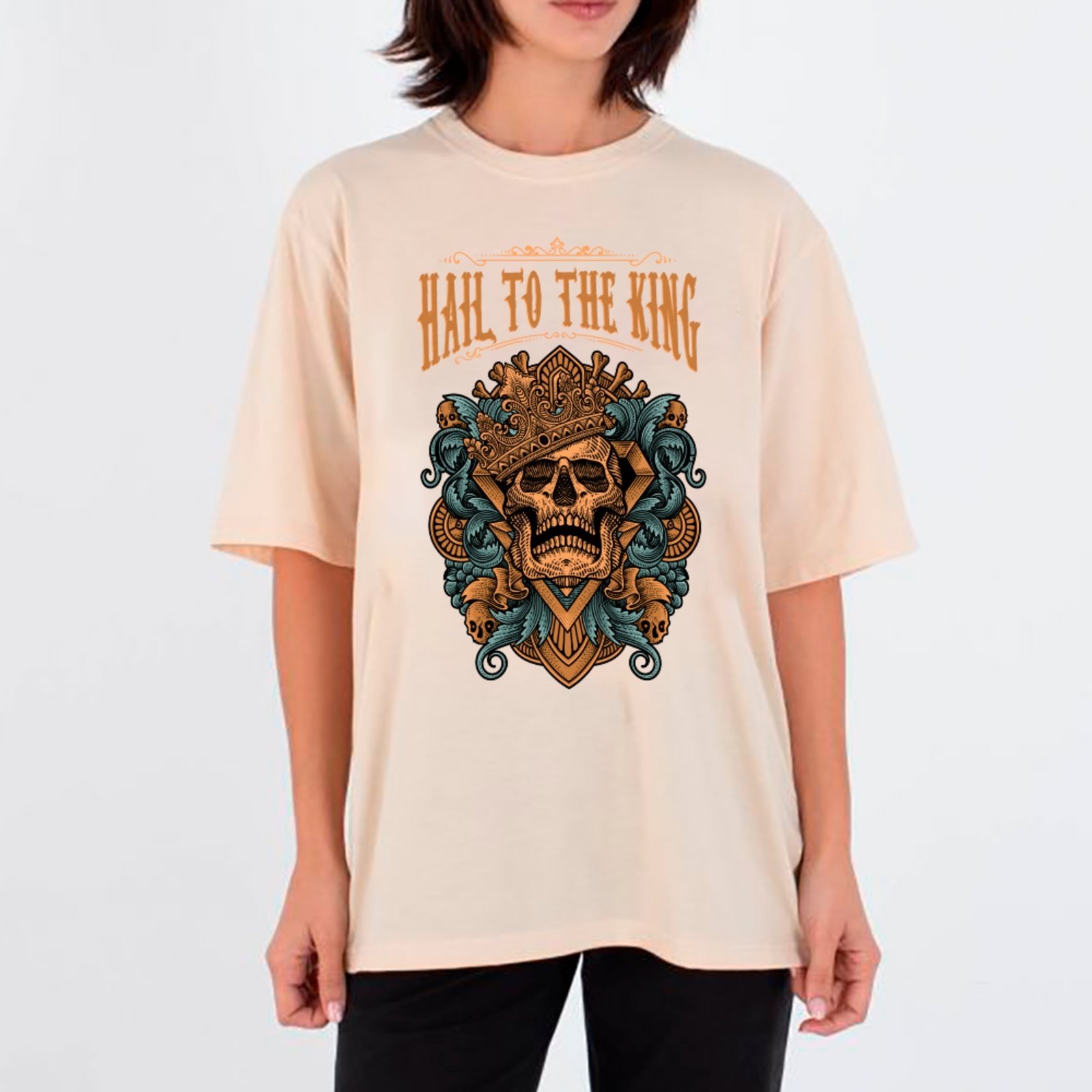 Vista 2 Camiseta Ousy Unissex Streetwear Skull Hail To The King Visual Impactante Oversized Off White off-white white ousy off-white white