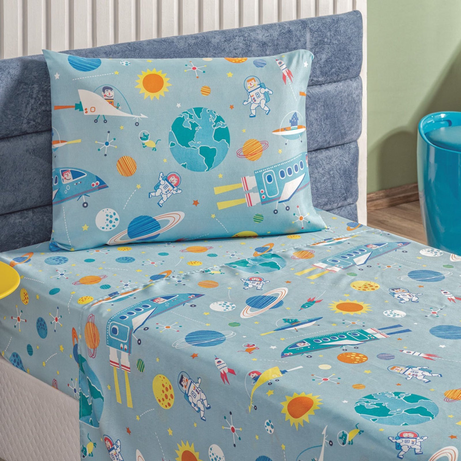 Jogo Cama Lençol Casa Scarpa Fantasy Solteiro Microfibra 3 Peças - Astronauta - Azul