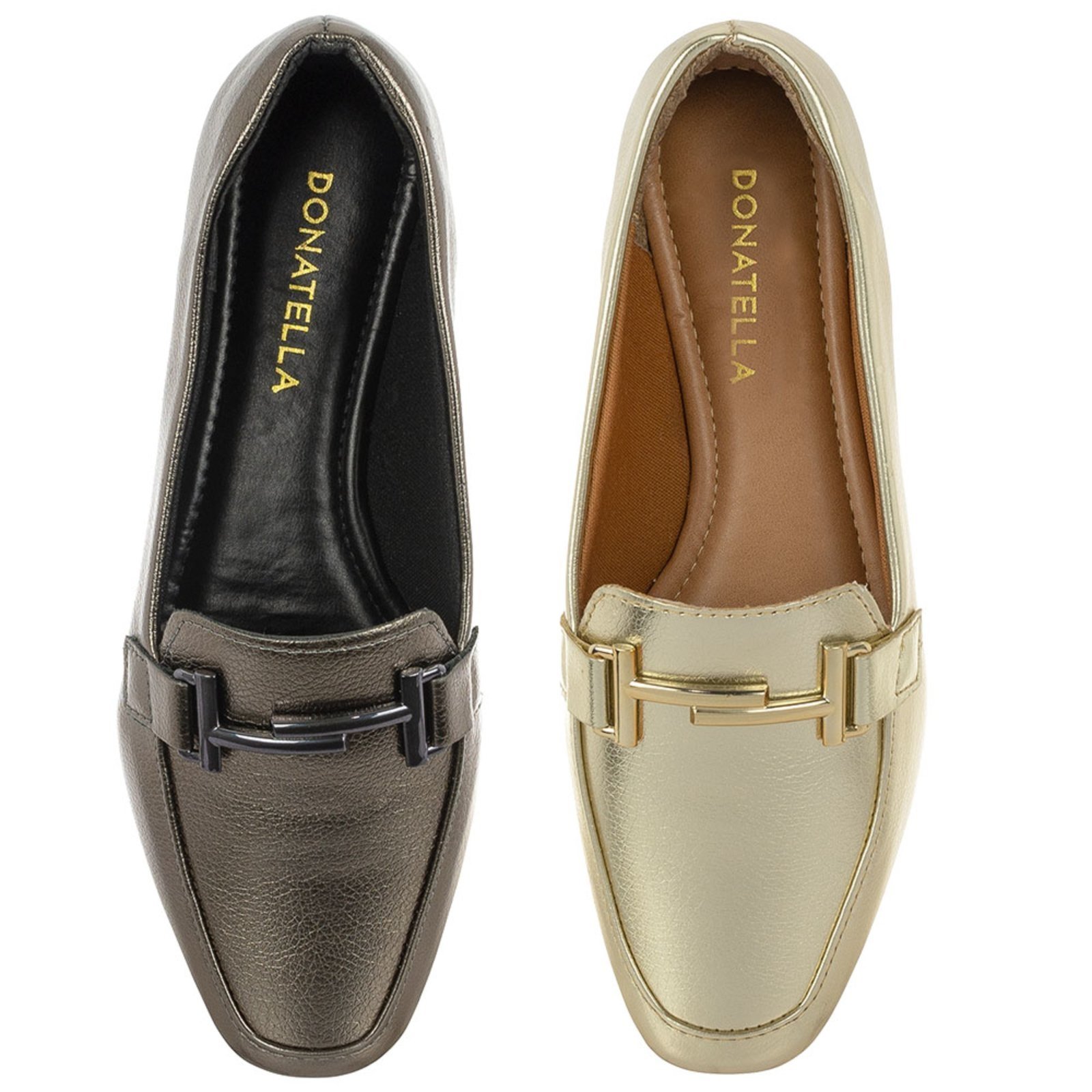 Kit 2 Pares Sapato Feminino Mocassim CM Calçados Bico Quadrado Confort Ouro Light e Prata Velho