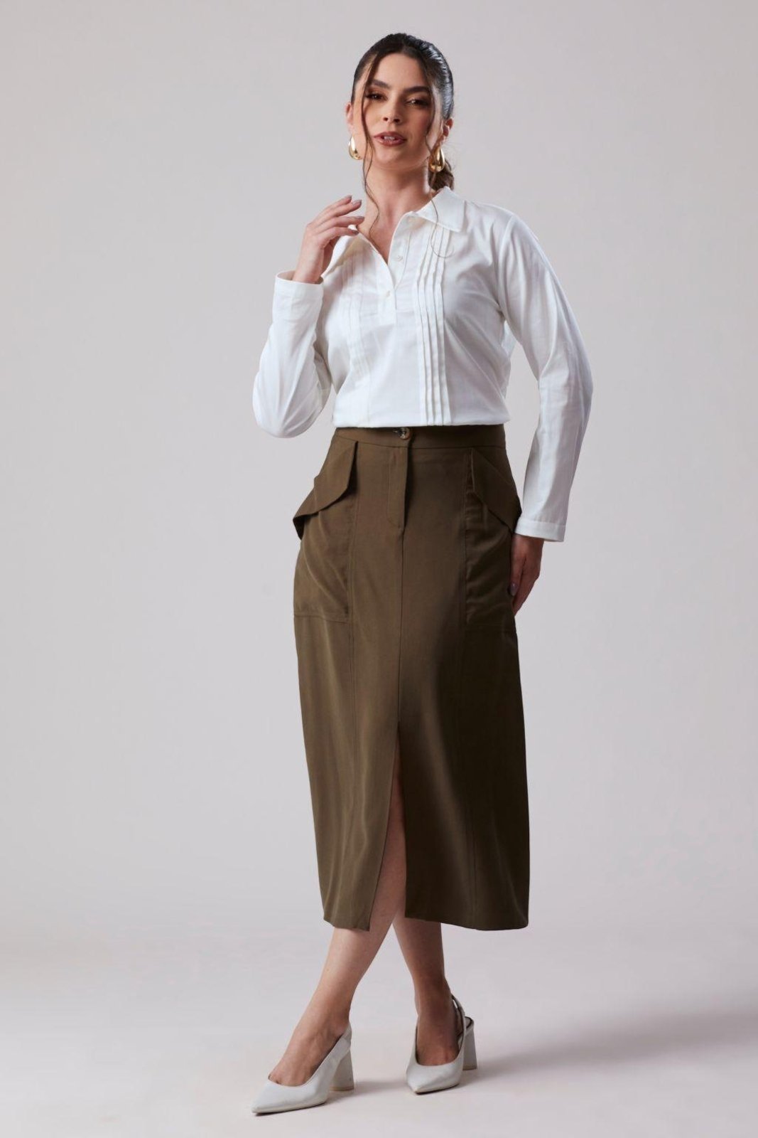 Saia Midi Alfaiataria Peach Touch Verde Musgo