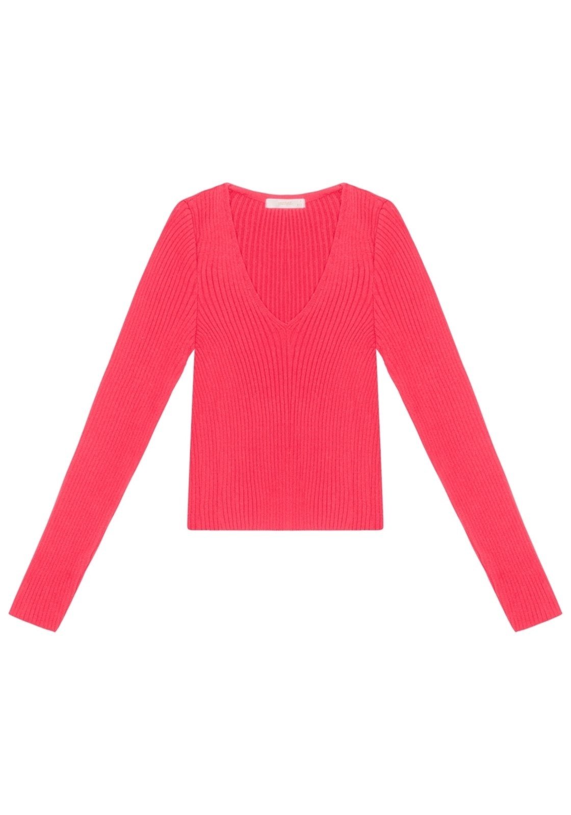 Blusa Manga Longa Cropped em Tricô com Decote V