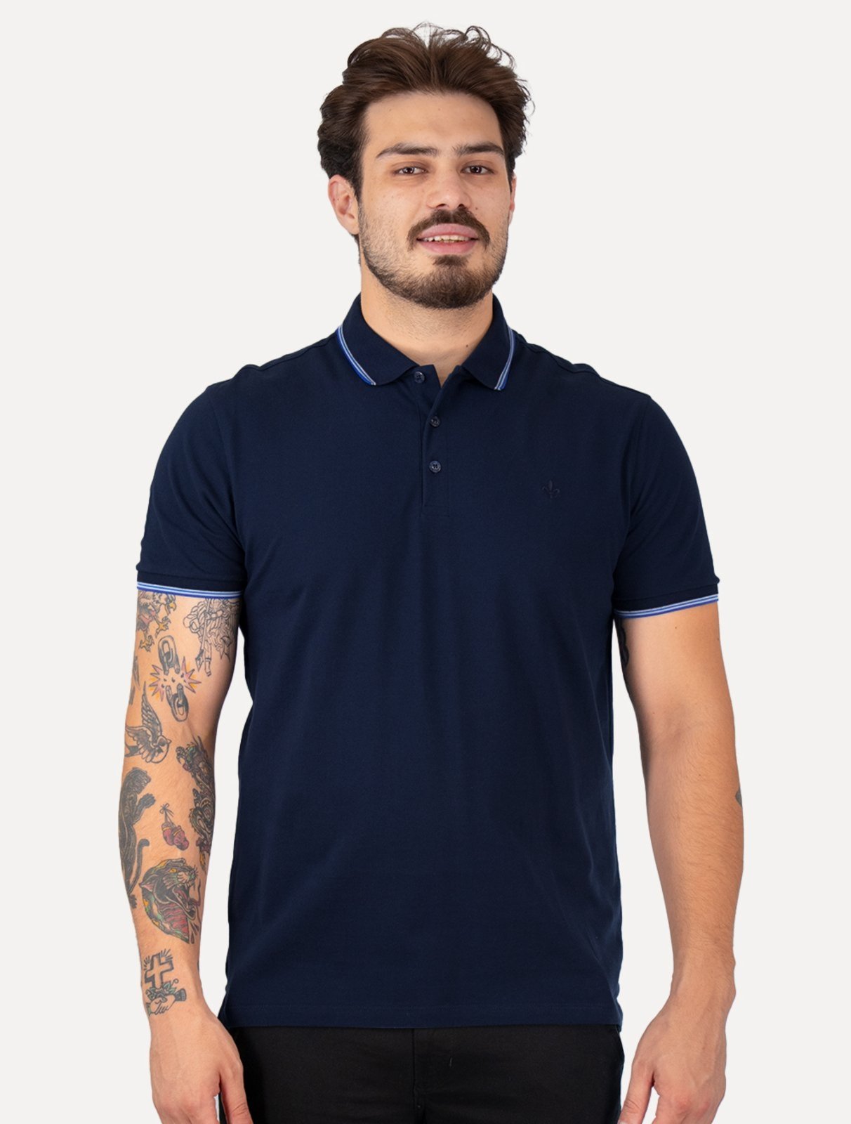Polo Dudalina Masculina Piquet Gola Frisos Degrade Azul Marinho