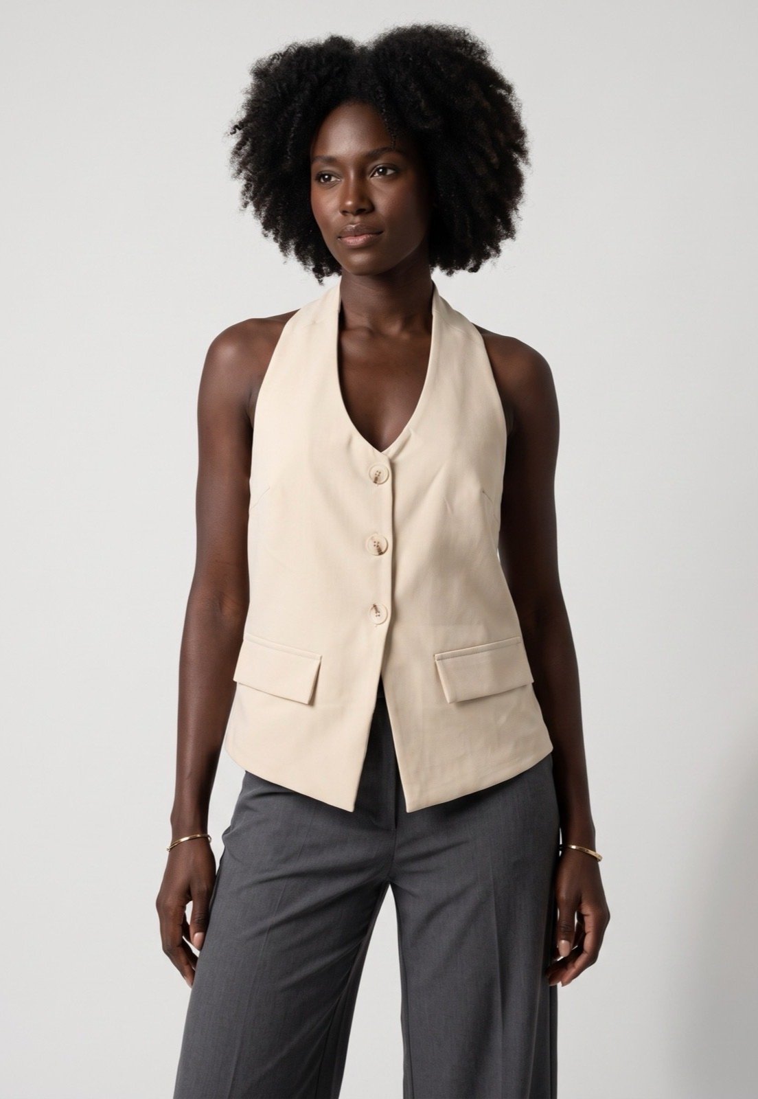 Blusa Feminina Lez a Lez Alfaiataria Bege