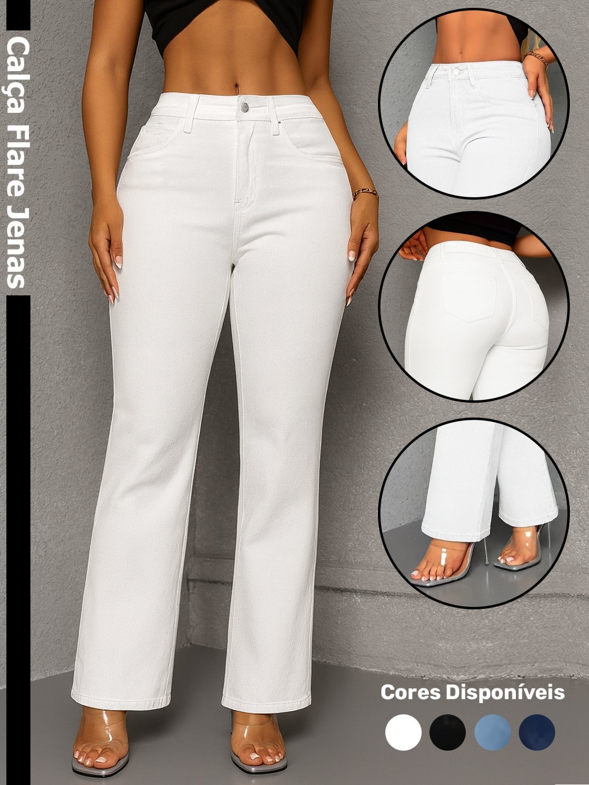 Calça Jeans Flare Boca de Sino Feminina Branca Cintura Alta Estilo Retro