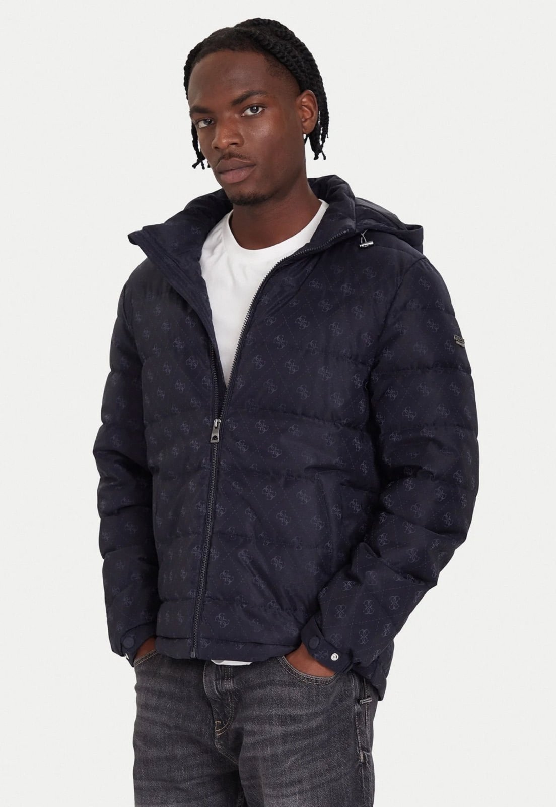 Jaqueta Guess Puffer Monograma Azul Marinho