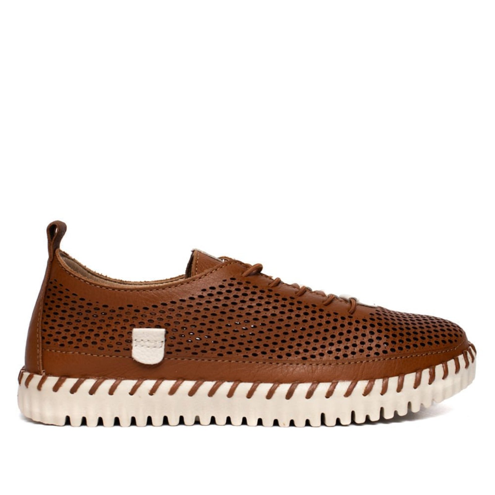 Tênis Feminino Bottero Couro Perfurado Caramelo/Off White