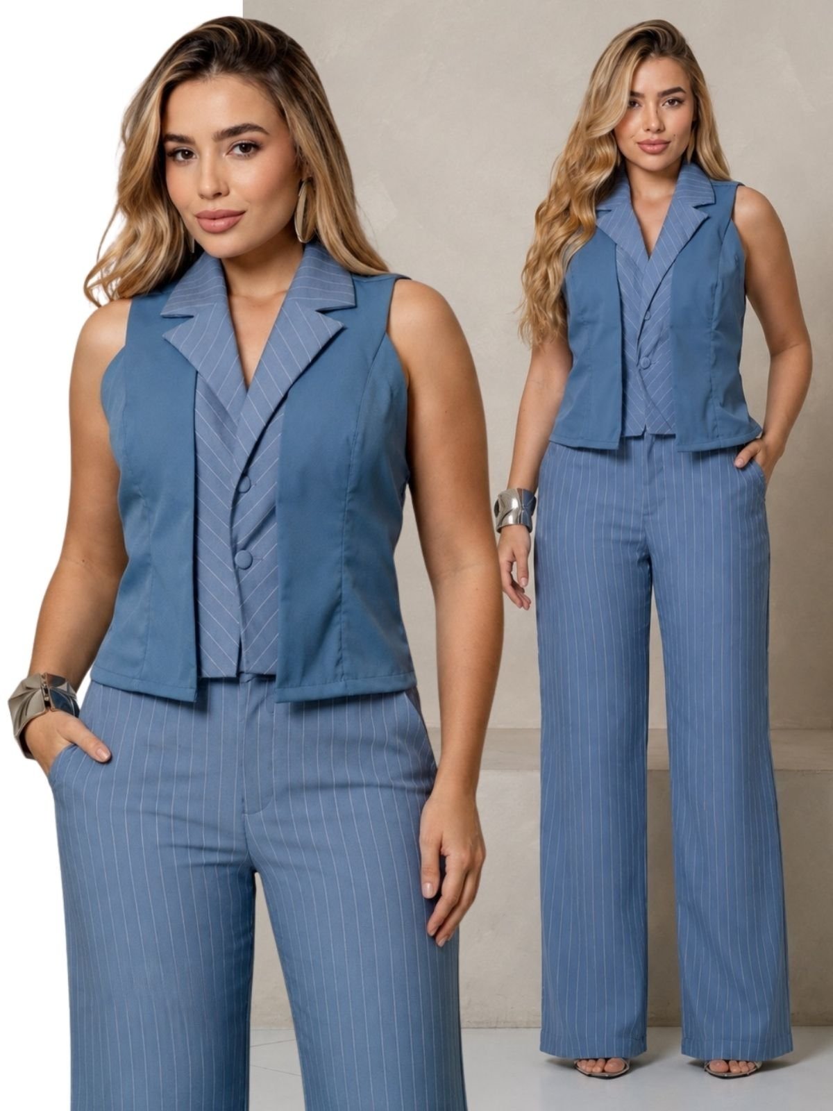 Conjunto 2 Peças Feminino Colete Estruturado Botões Forrados e Calça Pantalona Listrada Cintura Alta Alfaiataria - Azul Jeans