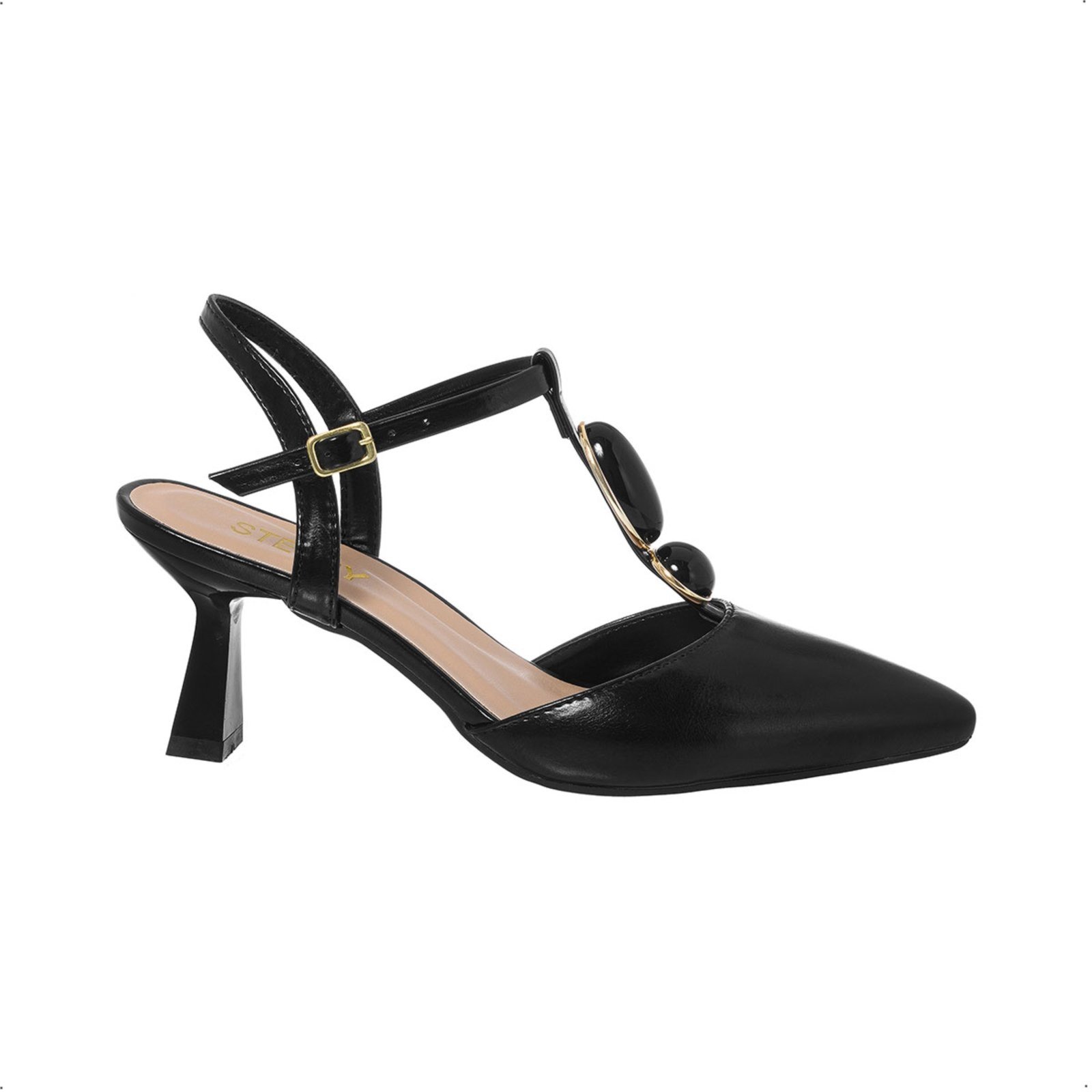 Scarpin Feminino Stessy Slingback Salto Baixo Taça Pedrarias Elegante Preto