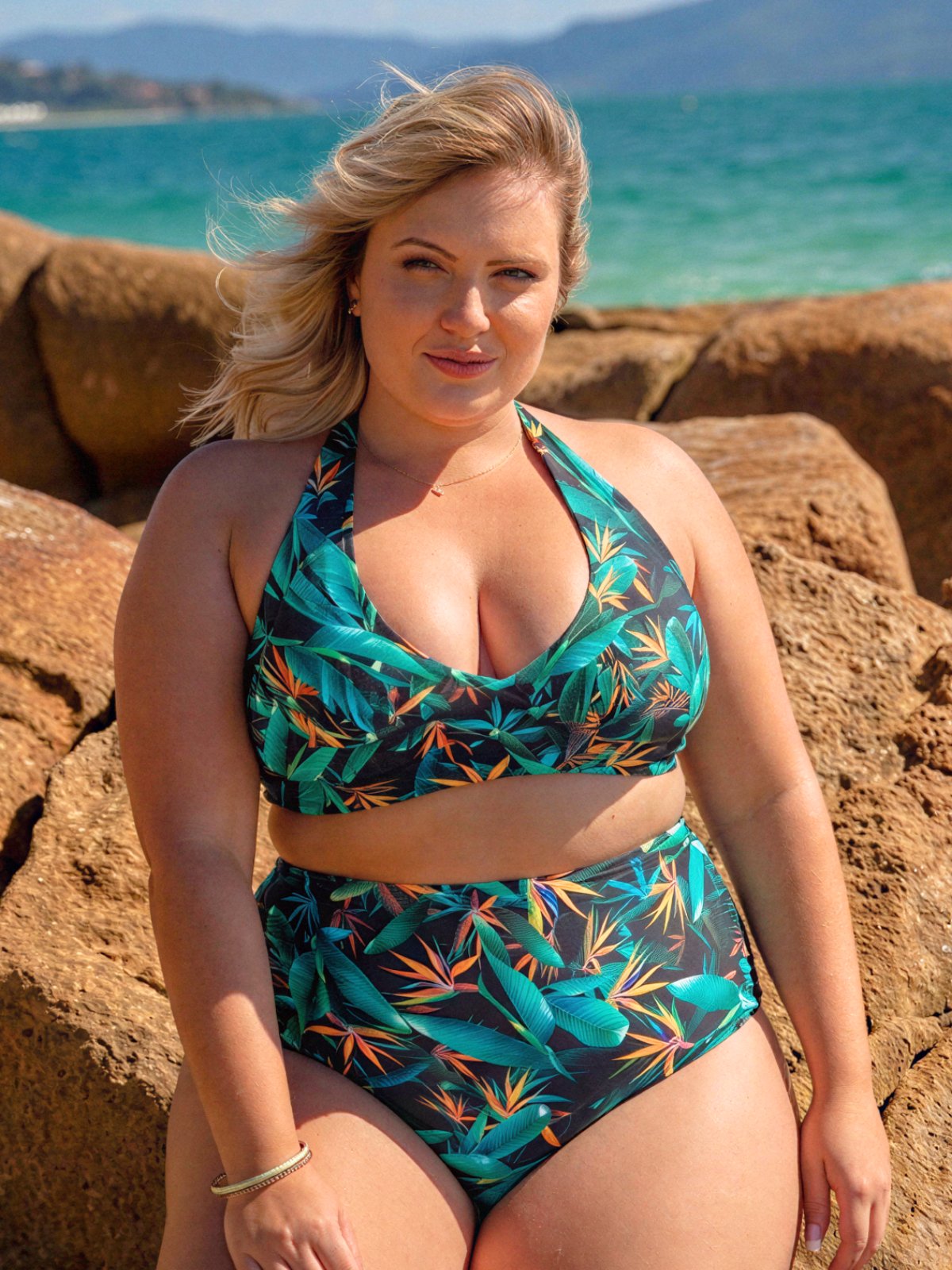 Biquíni Plus Size Cropped Com Bojo E Calcinha Drapeada Estampado Folhagem Verde