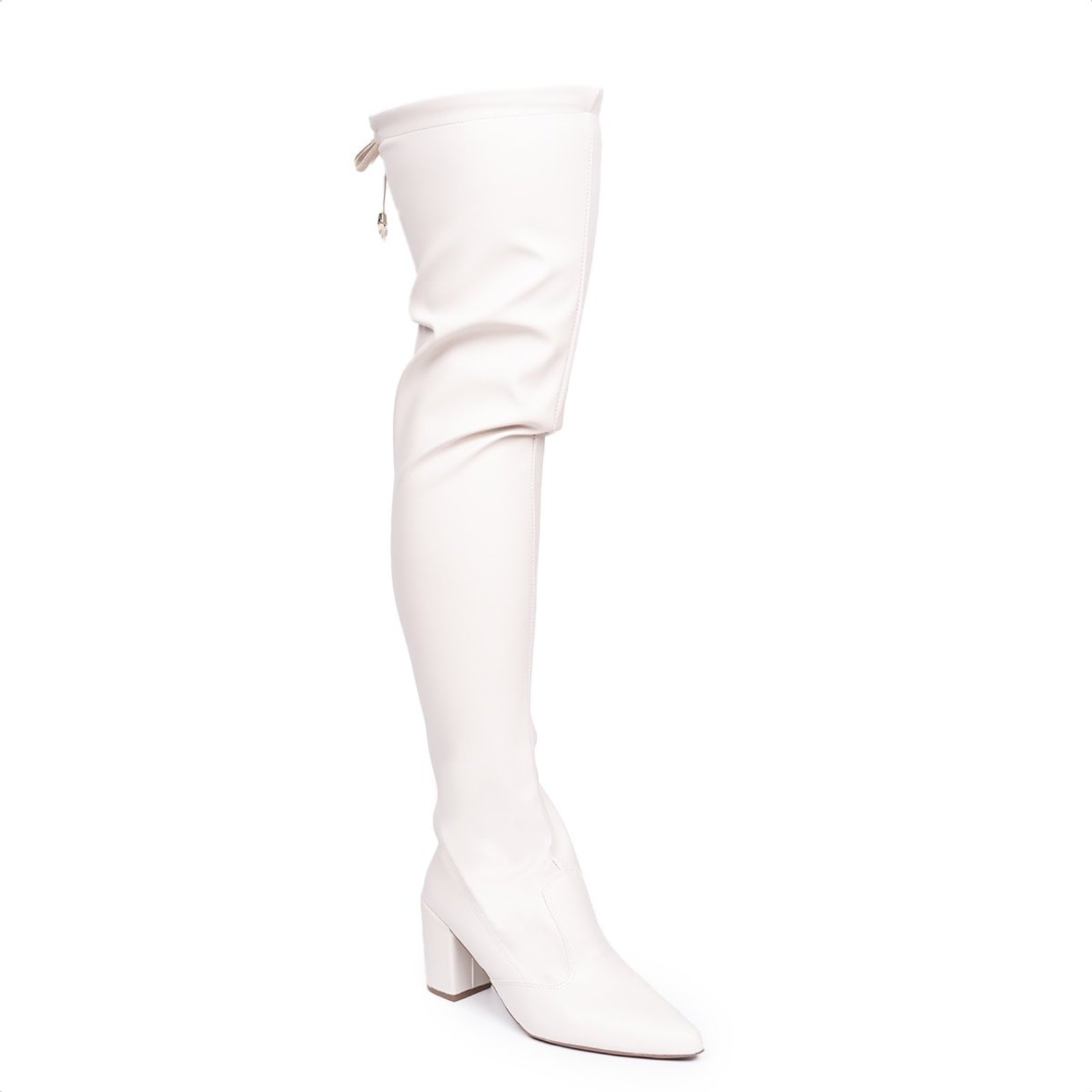 Bota Domidona Over The Knee Stretch Bico Fino Salto Grosso Alto Off White