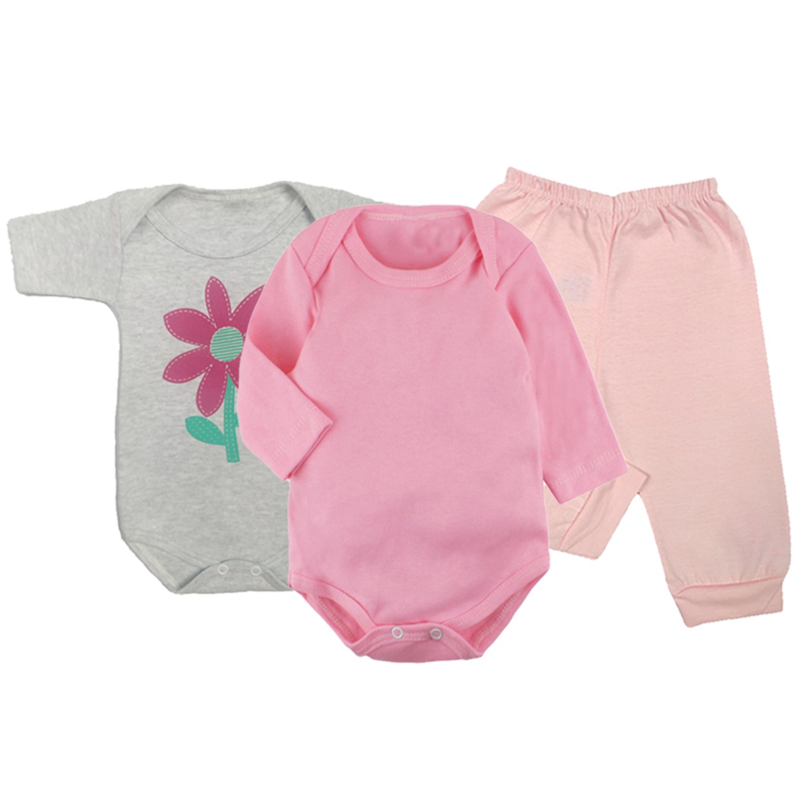 Infantil – Kit Roupinhas de 3 Peças Body e Calça Mijão Pé Aberto Rosa