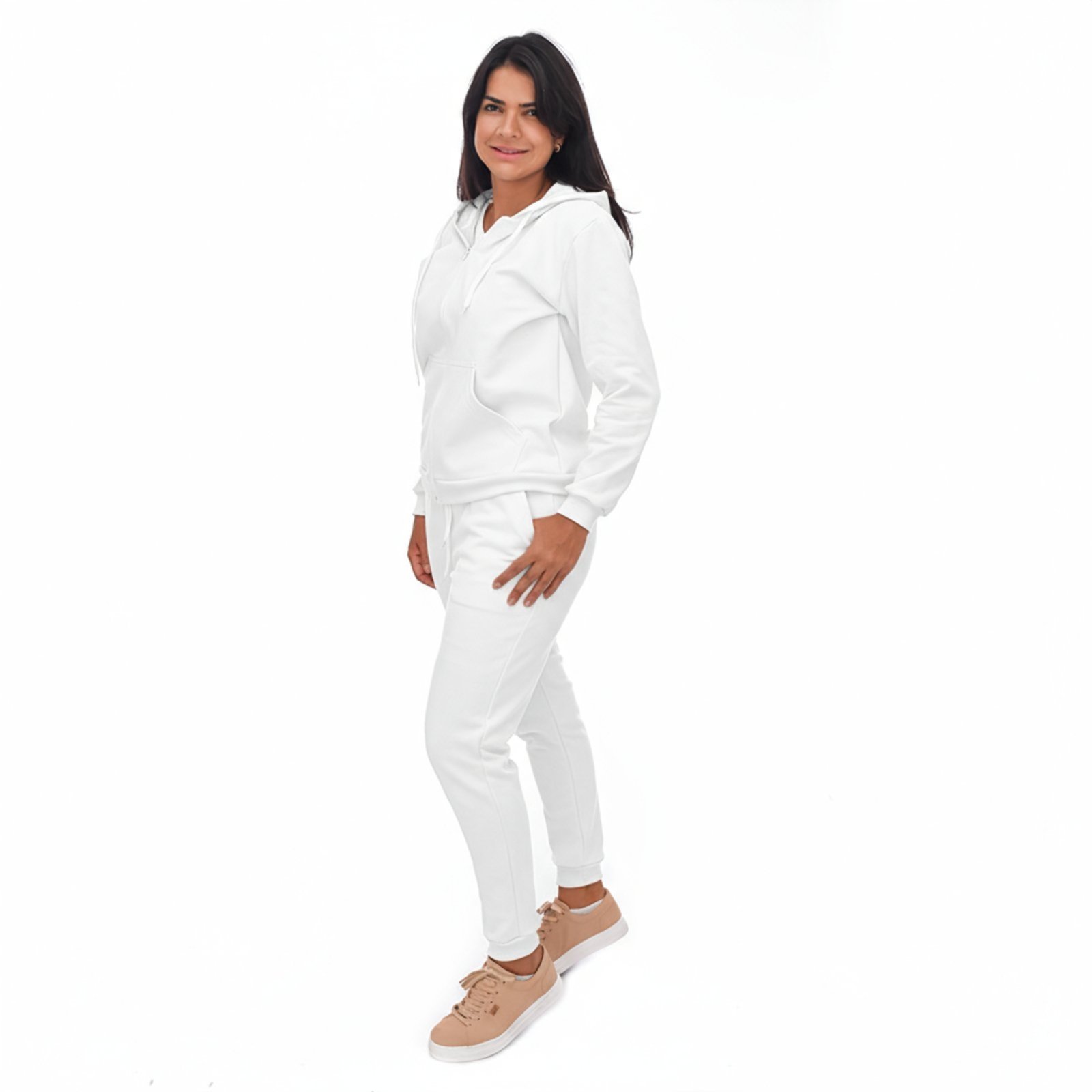 Conjunto Em Moletom Blusa Com Zíper e Capuz Jaqueta E Calça Estilo Jogger Adulto Branco Aliarthe