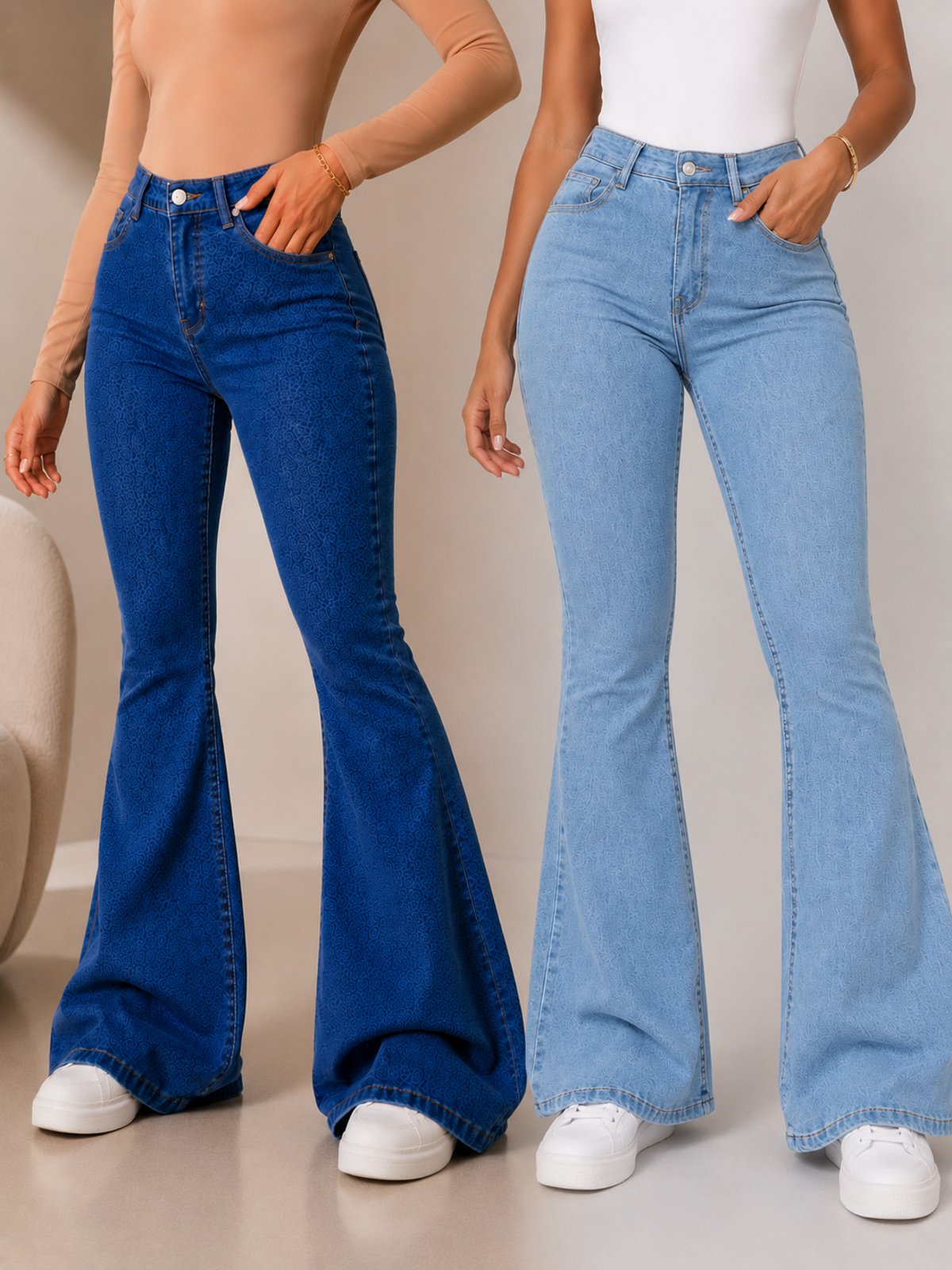 Kit 2 Calças Flare Jeans Feminina Cintura Alta Modelagem Premium Escura+ Delavê