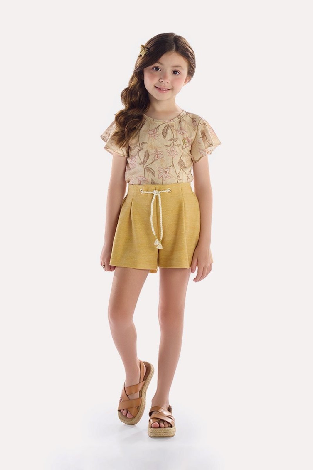 Infantil - Conjunto Blusa Areia com Brilho e Shorts Moletinho Rústico