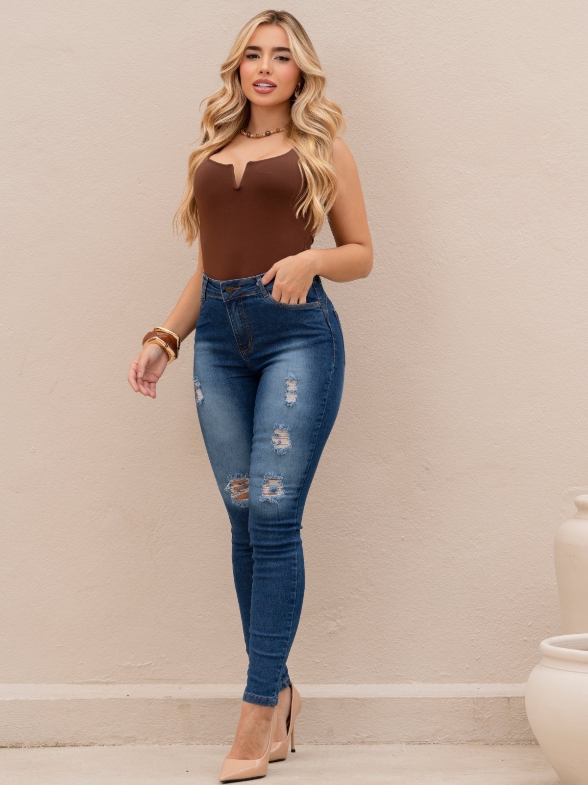 Calça Jeans Skinny Pala Redonda Destroyed Cintura Alta
