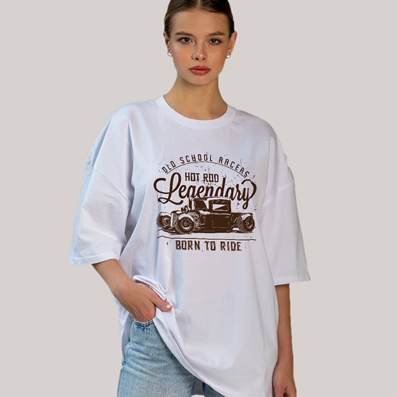 Camiseta Ousy Unissex Streetwear Old School Racers Hot Rod Born To Ride Visual Oversized Branco