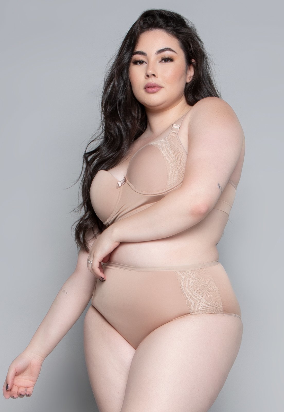 Conjunto Lingerie Bella Fiore Modas Plus Size Luxo Com Bojo Bege