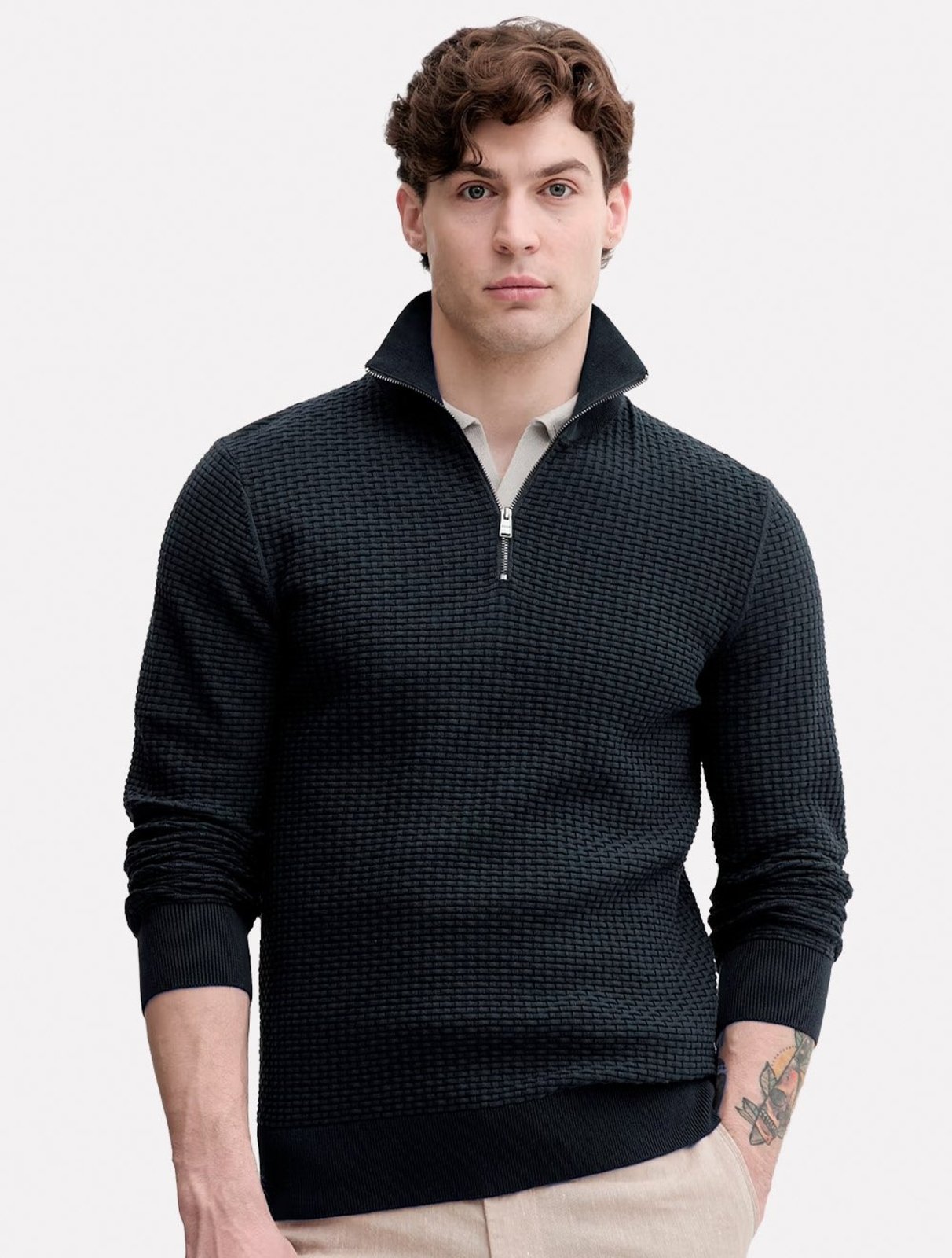 Suéter Hugo Boss Masculino Regular Fit Tricot Half Zip Azul Marinho