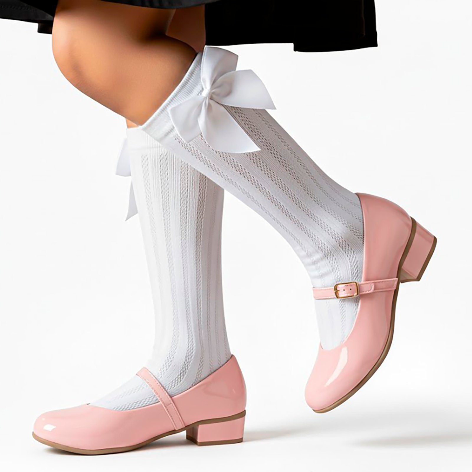 Infantil - Kit Sapatilha Rosa Salto Baixo Social e Meia Branca Cano Alto Pepite
