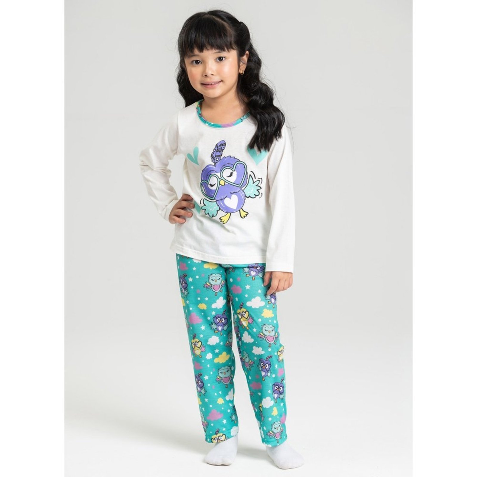 Pijama Longo Menina Natural Corujas de Óculos