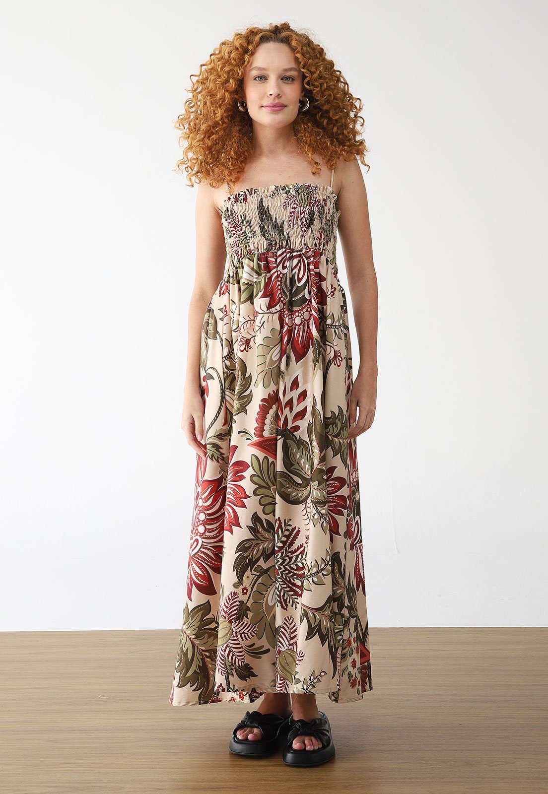 Vestido FARM Longo Floral Ligia Bege