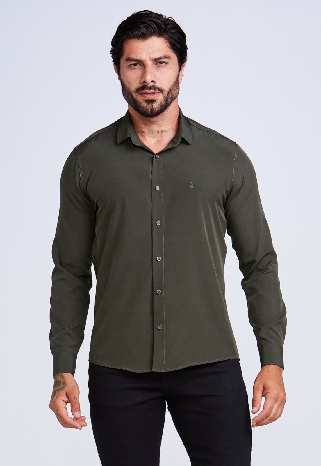 Camisa Social Masculina Daze Modas Manga Longa Verde Militar