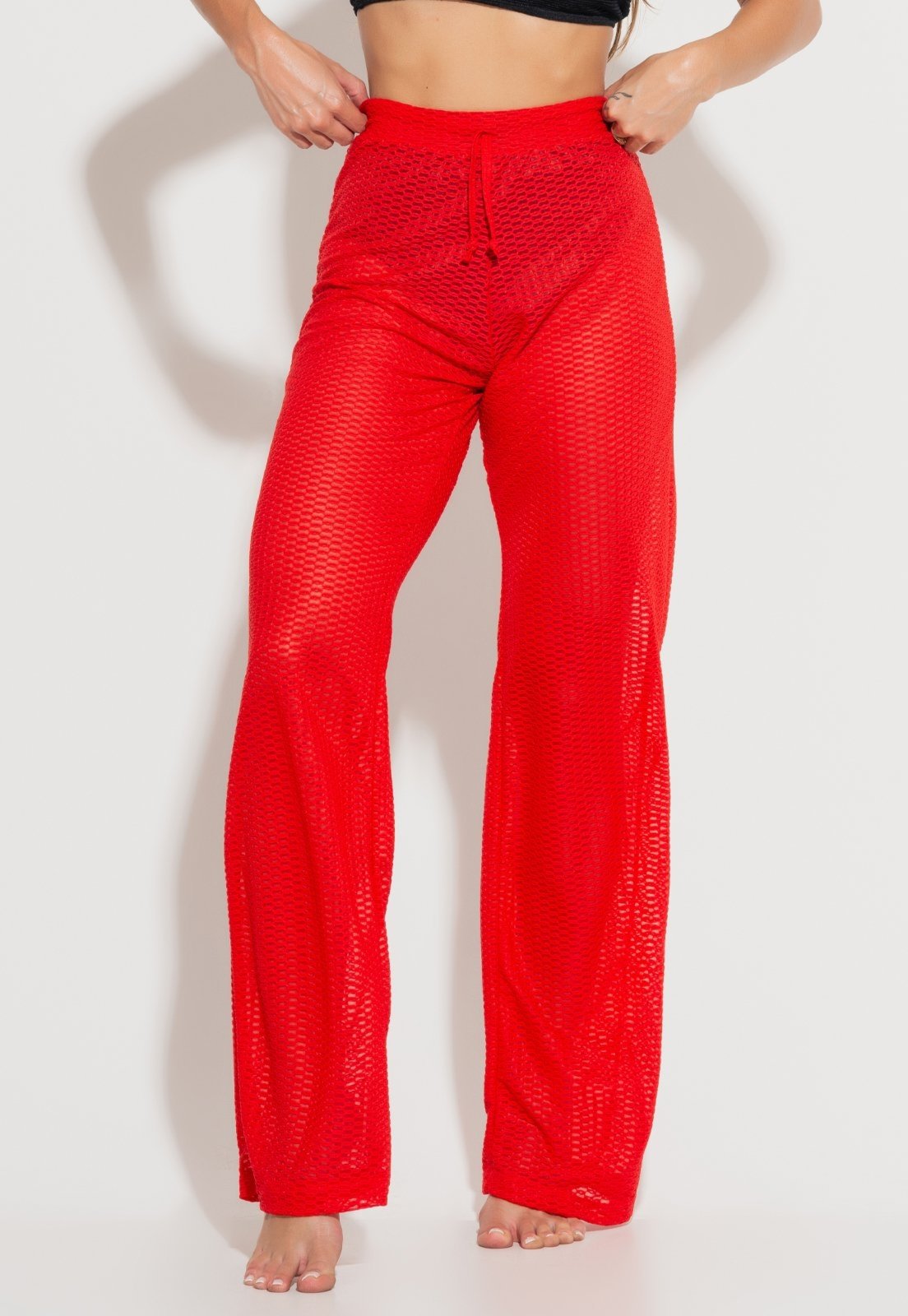Calça MVB Modas Saída de Praia Pantalona Furadinha Renda Vermelho